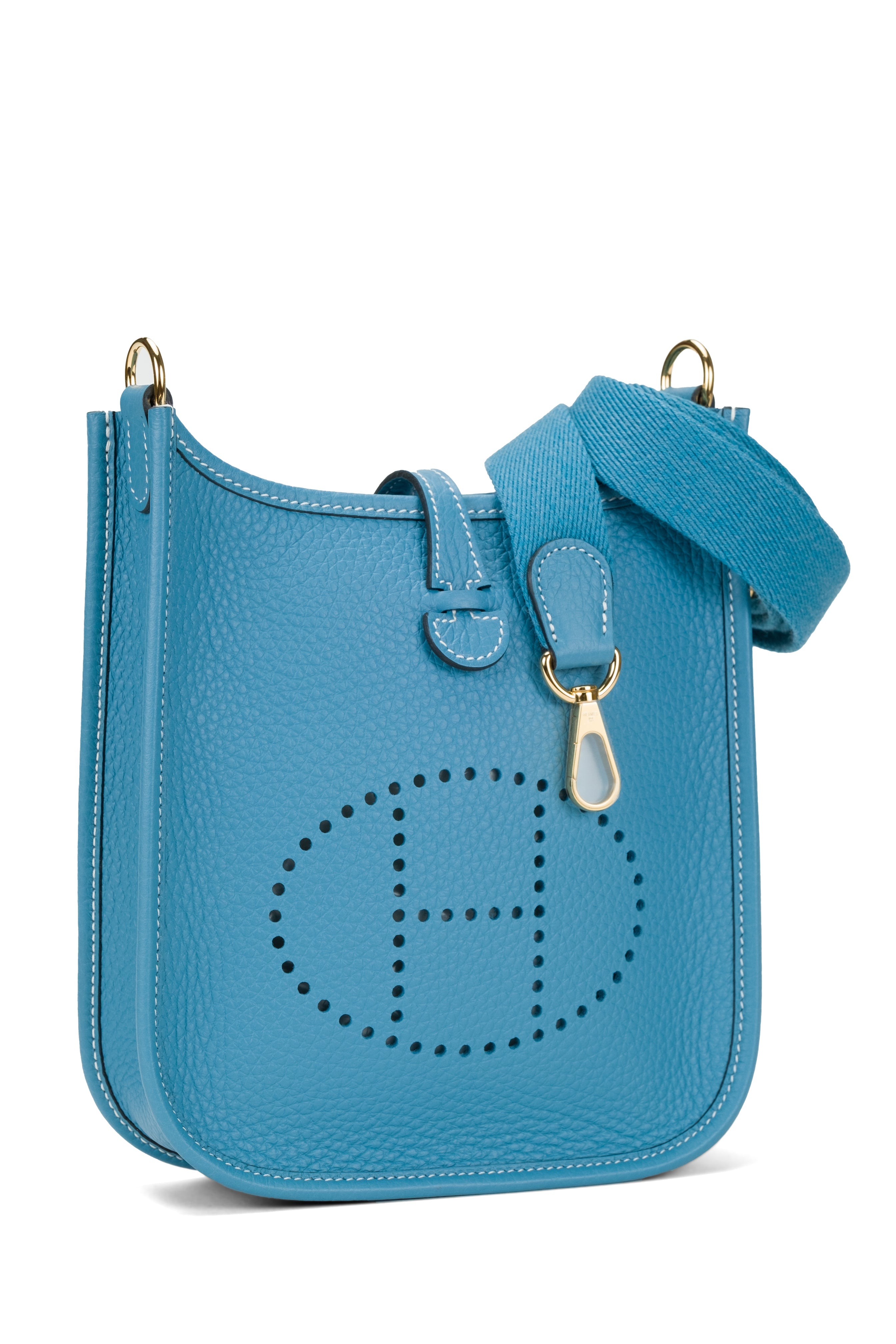 HERMÈS MINI EVELYNE TPM BLUE JEAN Clemence Leather with Gold Hardware