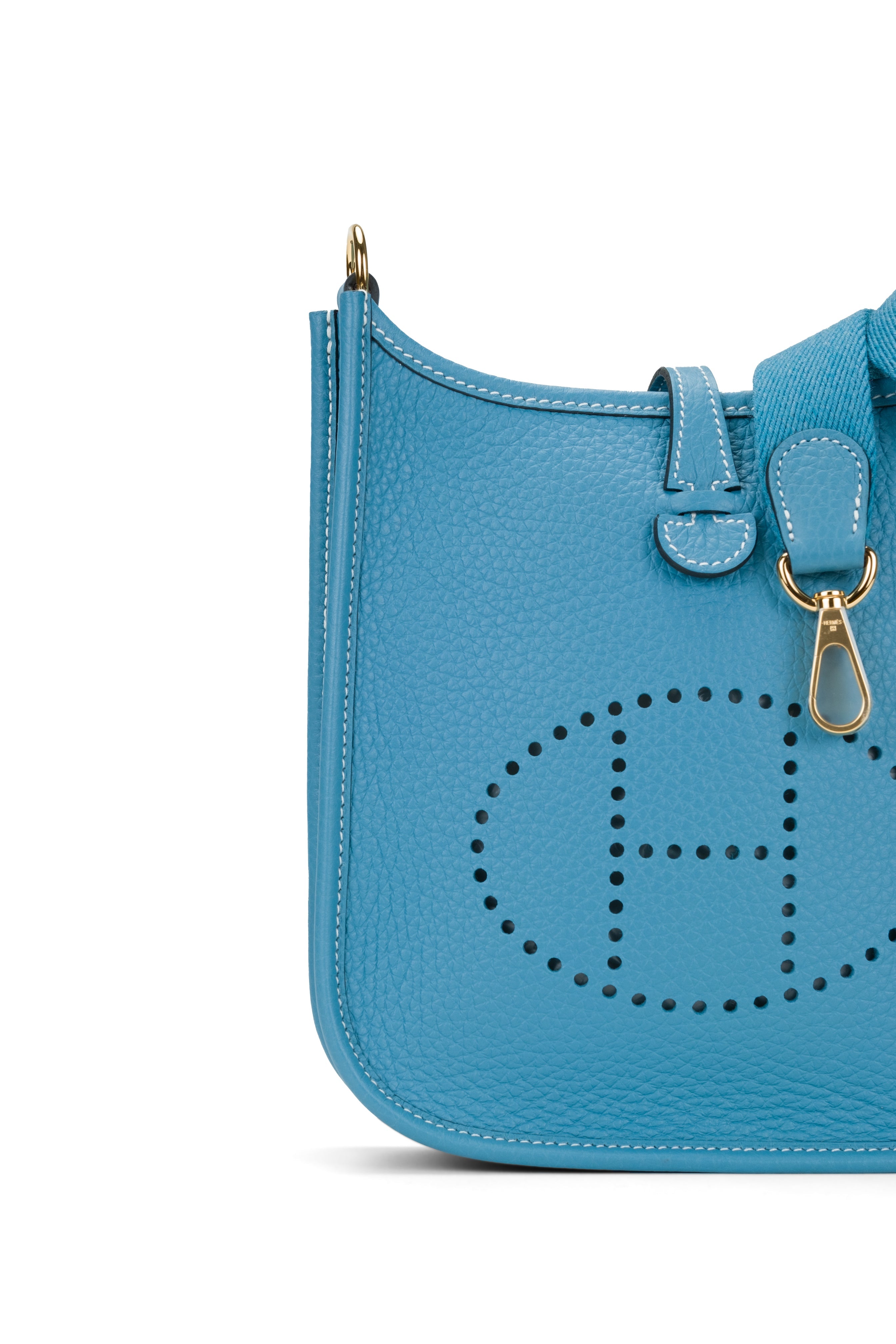 HERMÈS MINI EVELYNE TPM BLUE JEAN Clemence Leather with Gold Hardware