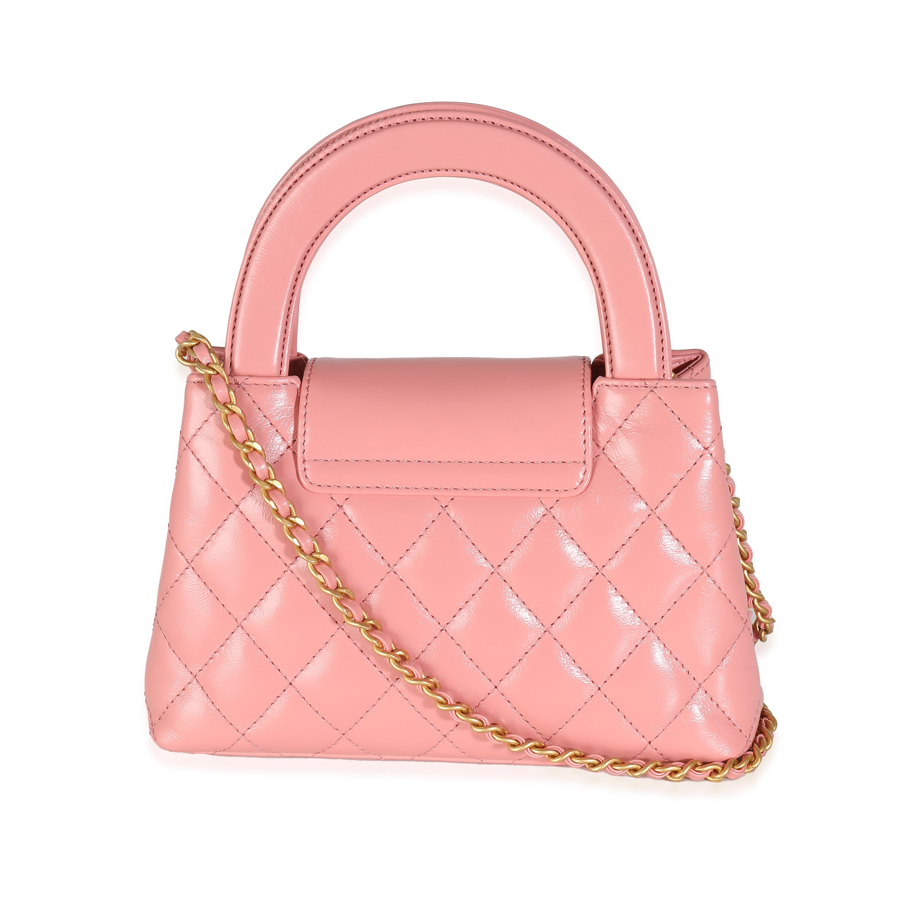 Pink Shiny Aged Calfskin Quilted Nano Kelly Shopper