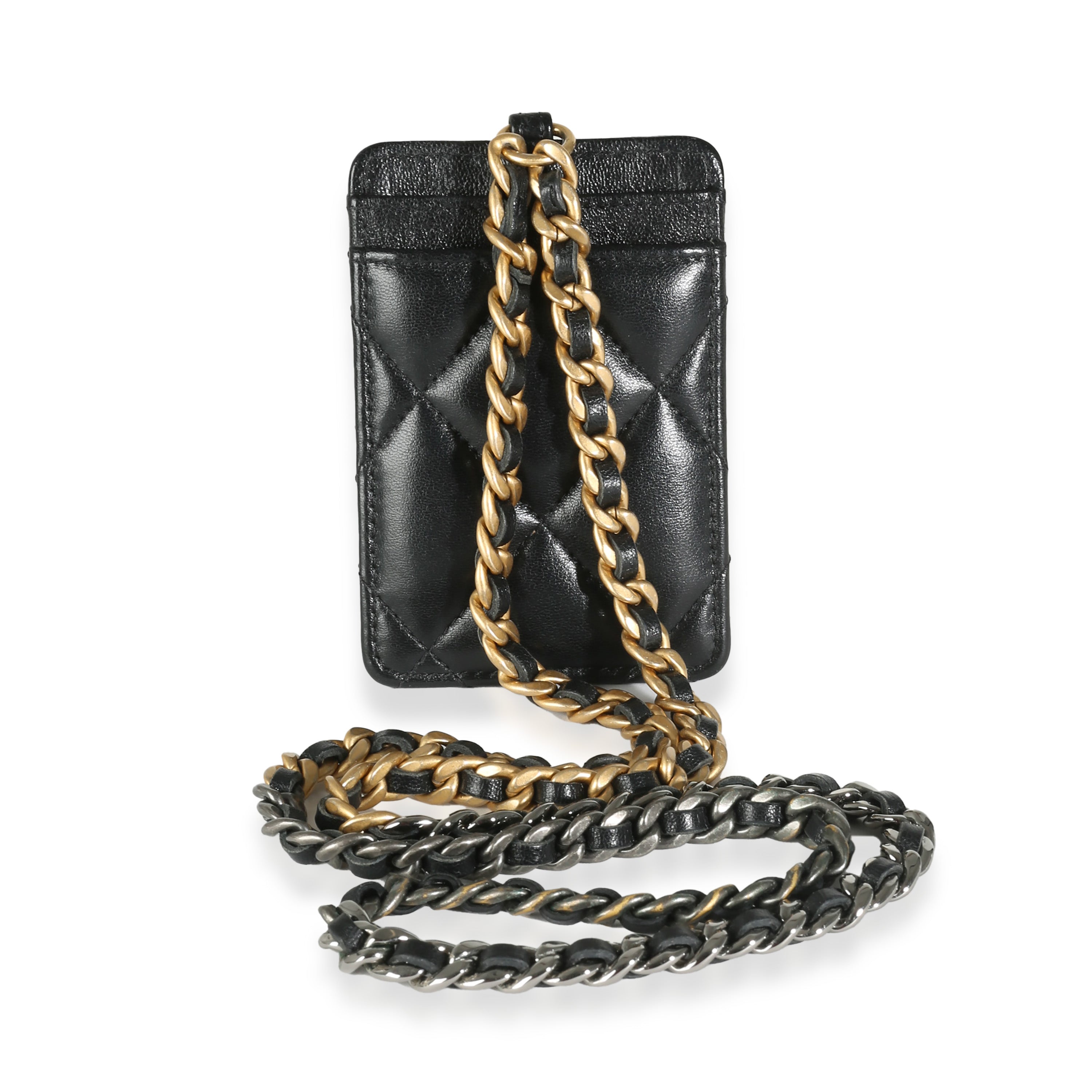 Black Quilted Goatskin Chanel 19 Card Holder On Chain