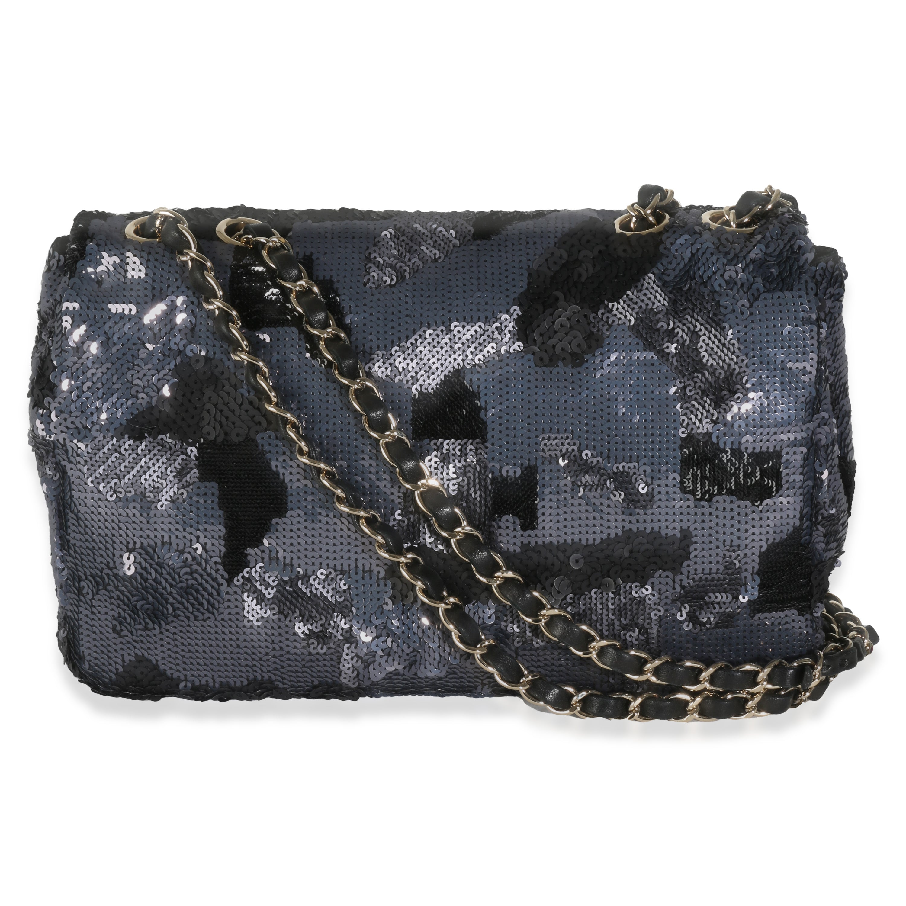 Black Navy Camo Sequin Medium Single Flap Bag