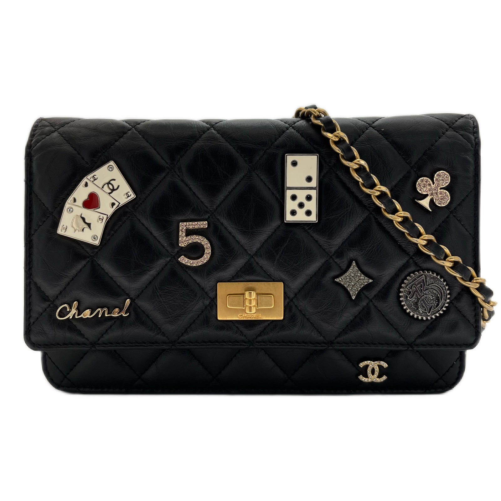 CHANEL 2.55 LUCKY CHARM CHAIN WALLET SHOULDER BAG BLACK CALF SKIN 90199293