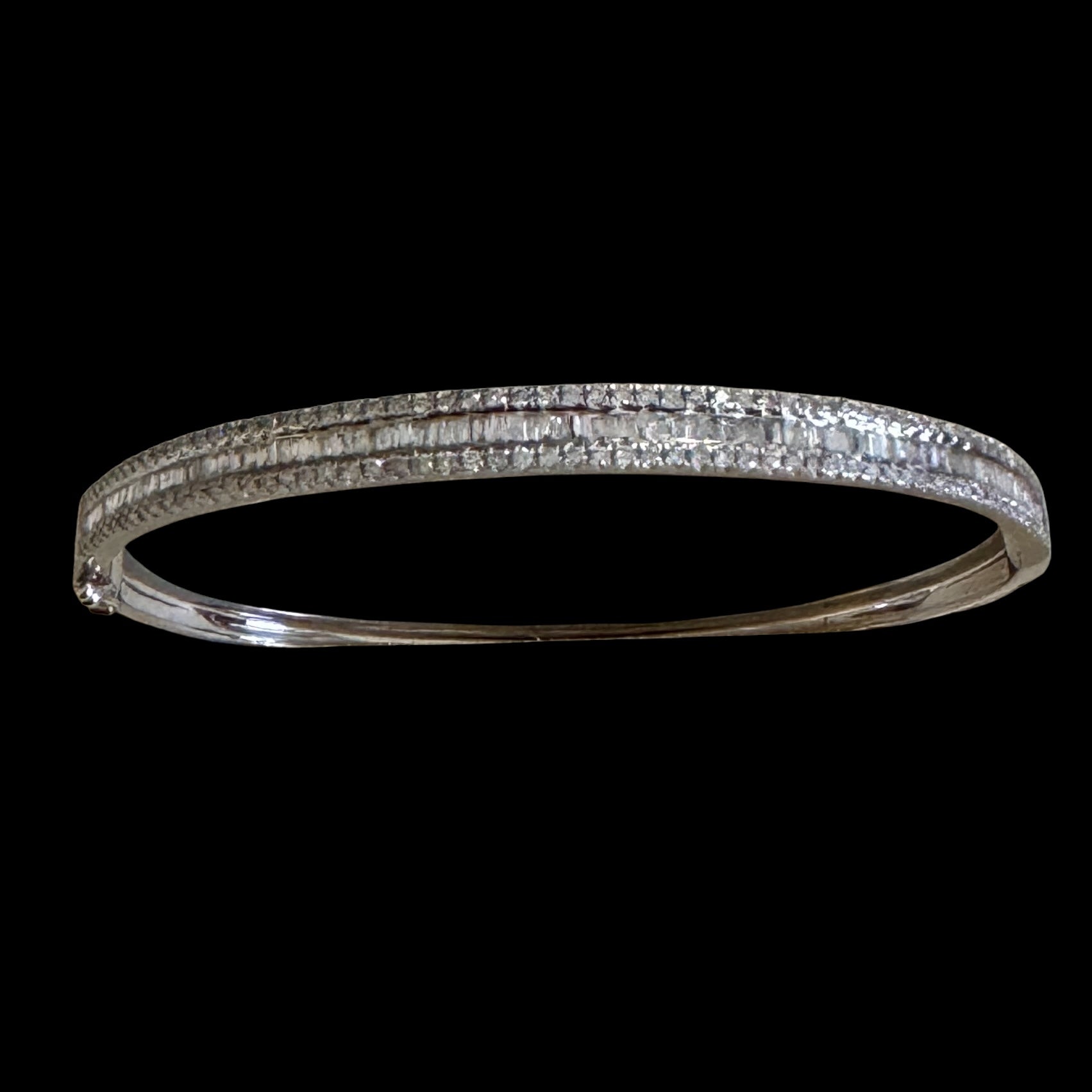 Natural White Baguette & Round Diamond Bangle set in 18K White Gold