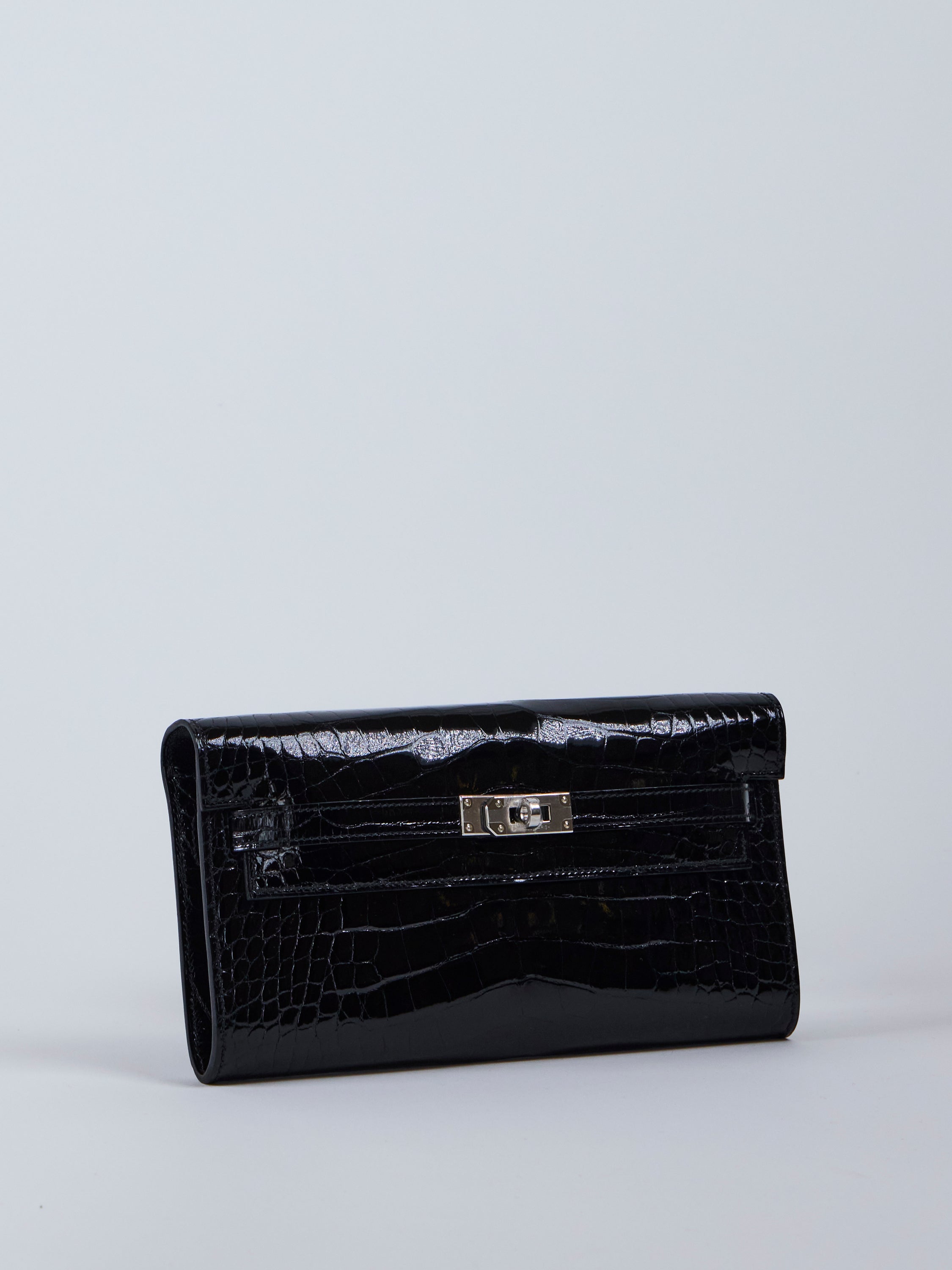 HERMÈS KELLY TO GO WALLET BLACK Shiny Alligator Leather with Palladium Hardware