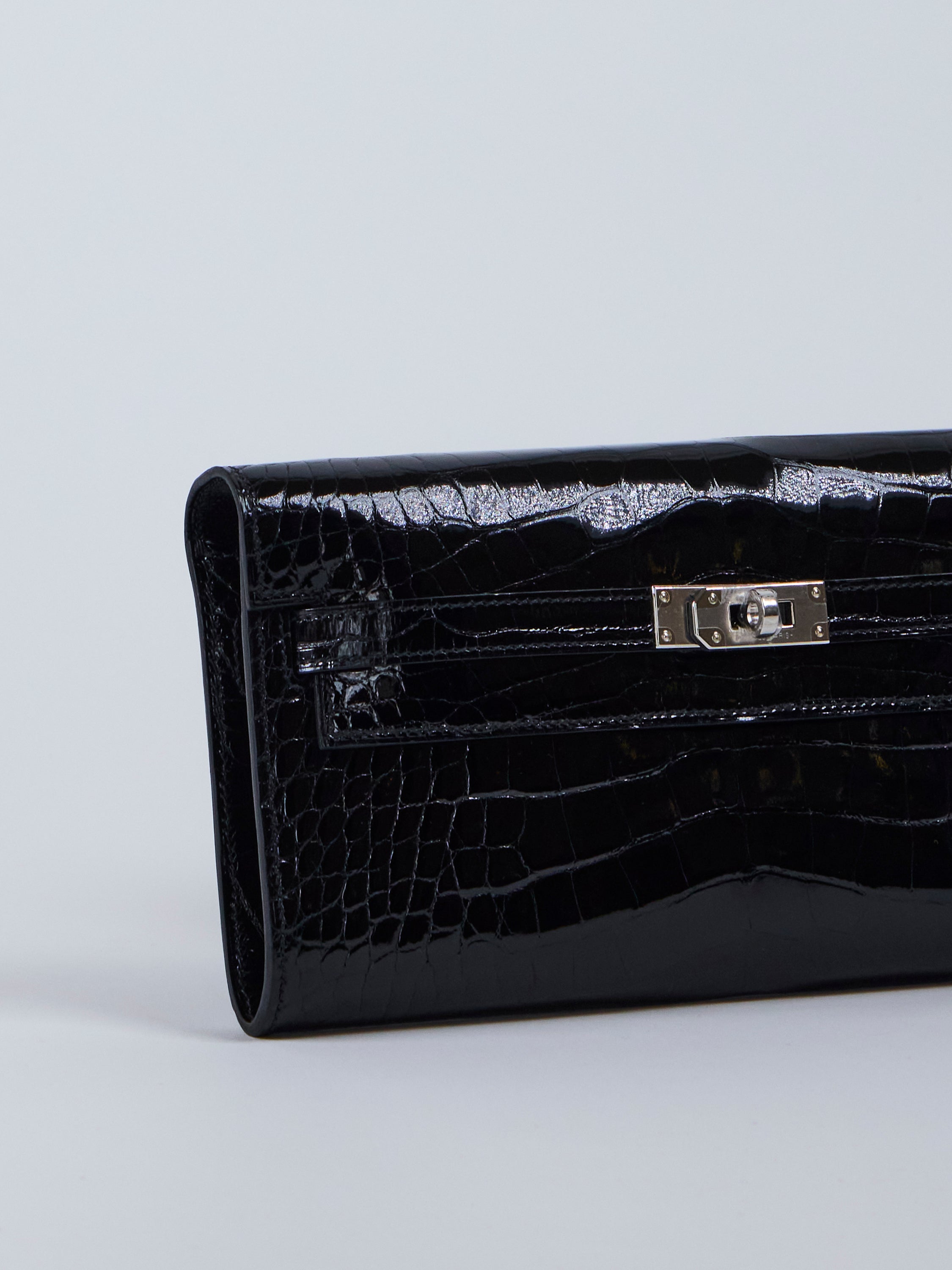 HERMÈS KELLY TO GO WALLET BLACK Shiny Alligator Leather with Palladium Hardware