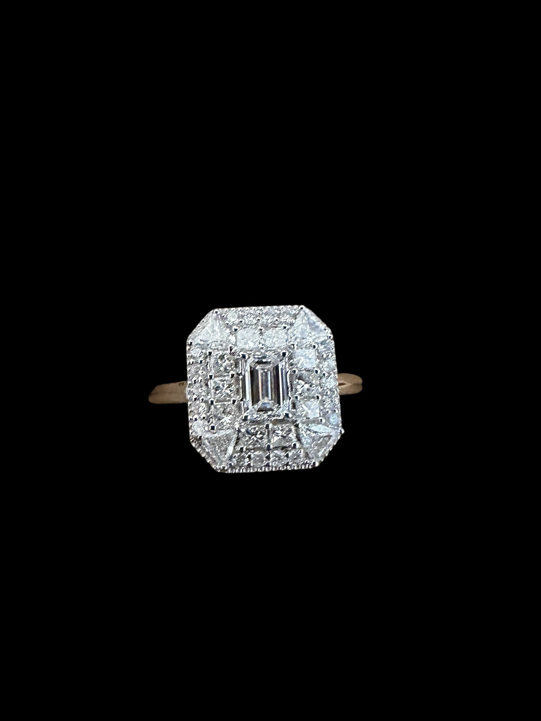 GIA White Emerald Cut Diamond Ring with Surrounding Diamonds set in 18K White Gold