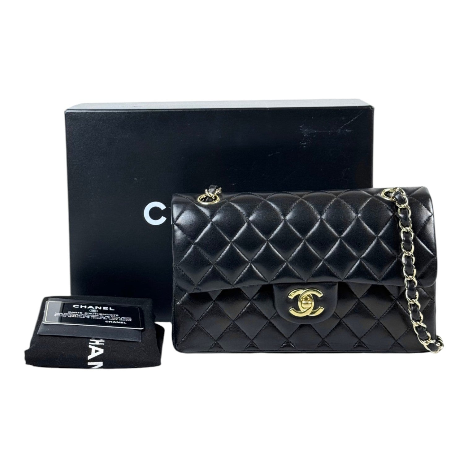 Chanel Classic Flap Small Bag in Black Lambskin - Full Set