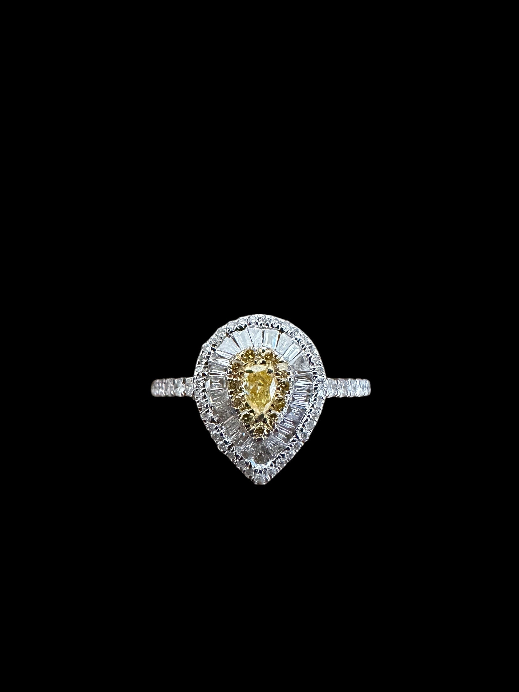 Yellow Pear Cut Diamond with White Surrounding Diamond Ring set in 18K White Gold