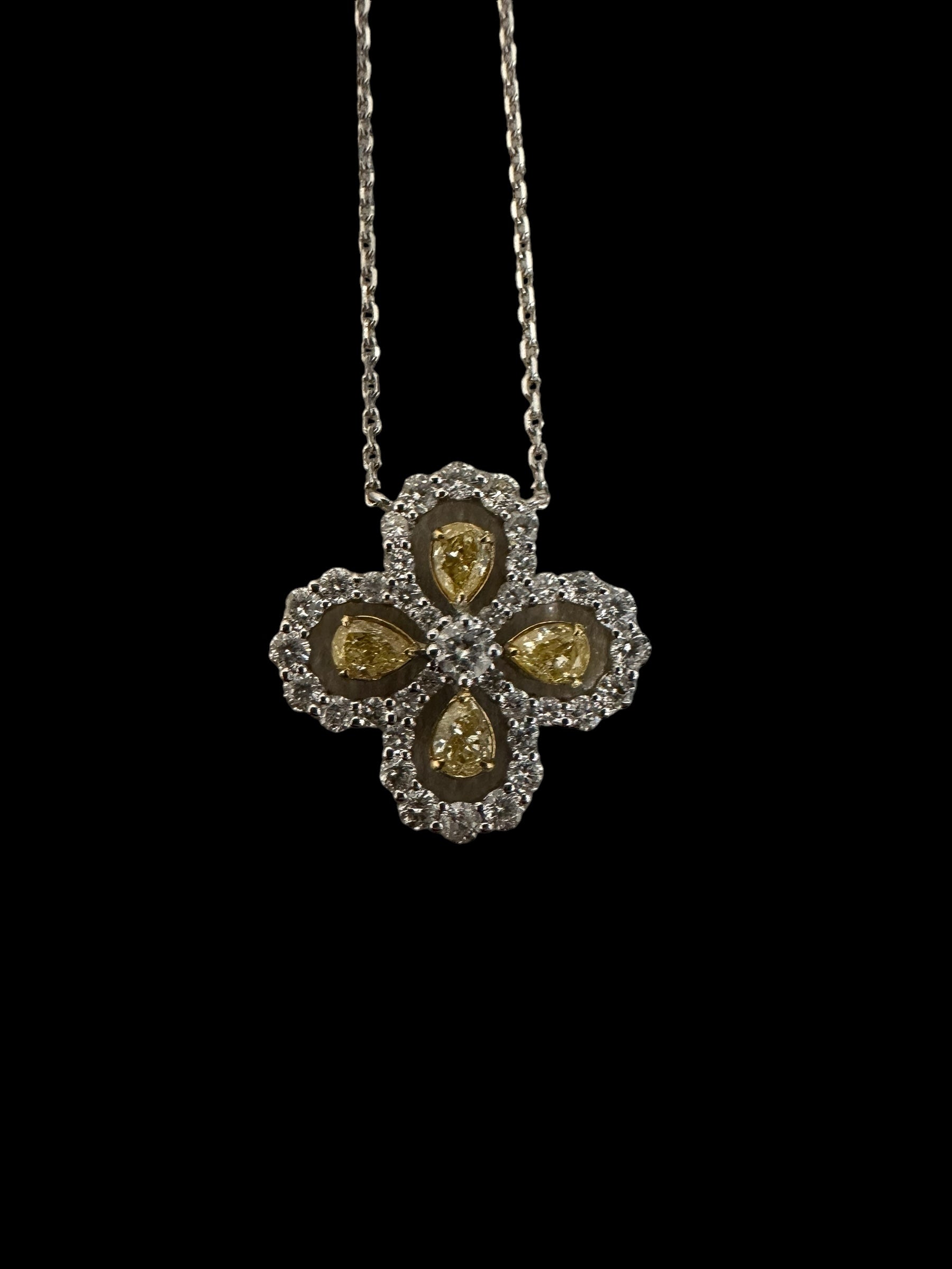 Four Pear Cut Yellow Diamond Pendant with Surrounding White Diamonds set in 18K White Gold Necklace