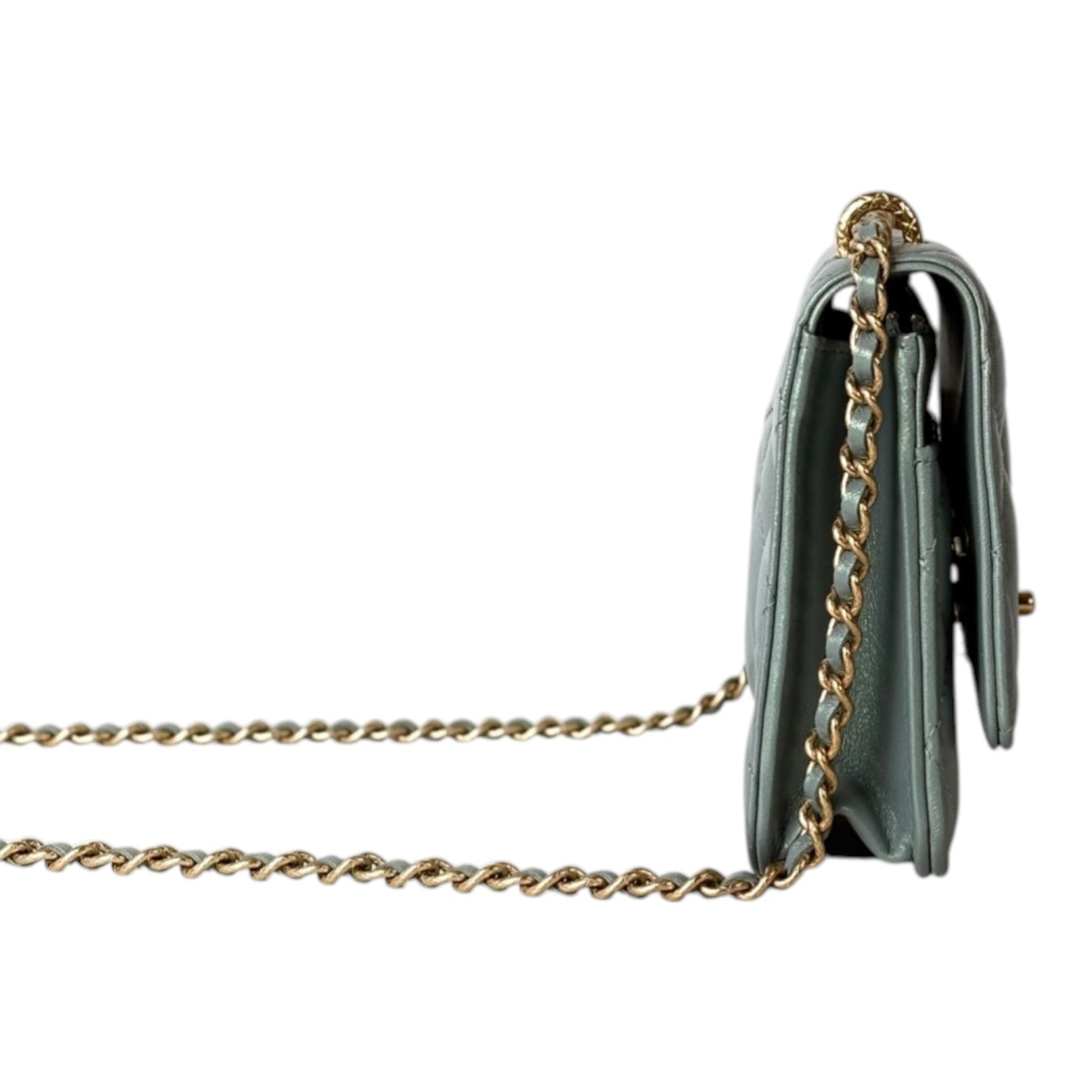 Chanel Pearl Light Green Quilted Leather Wallet on Chain