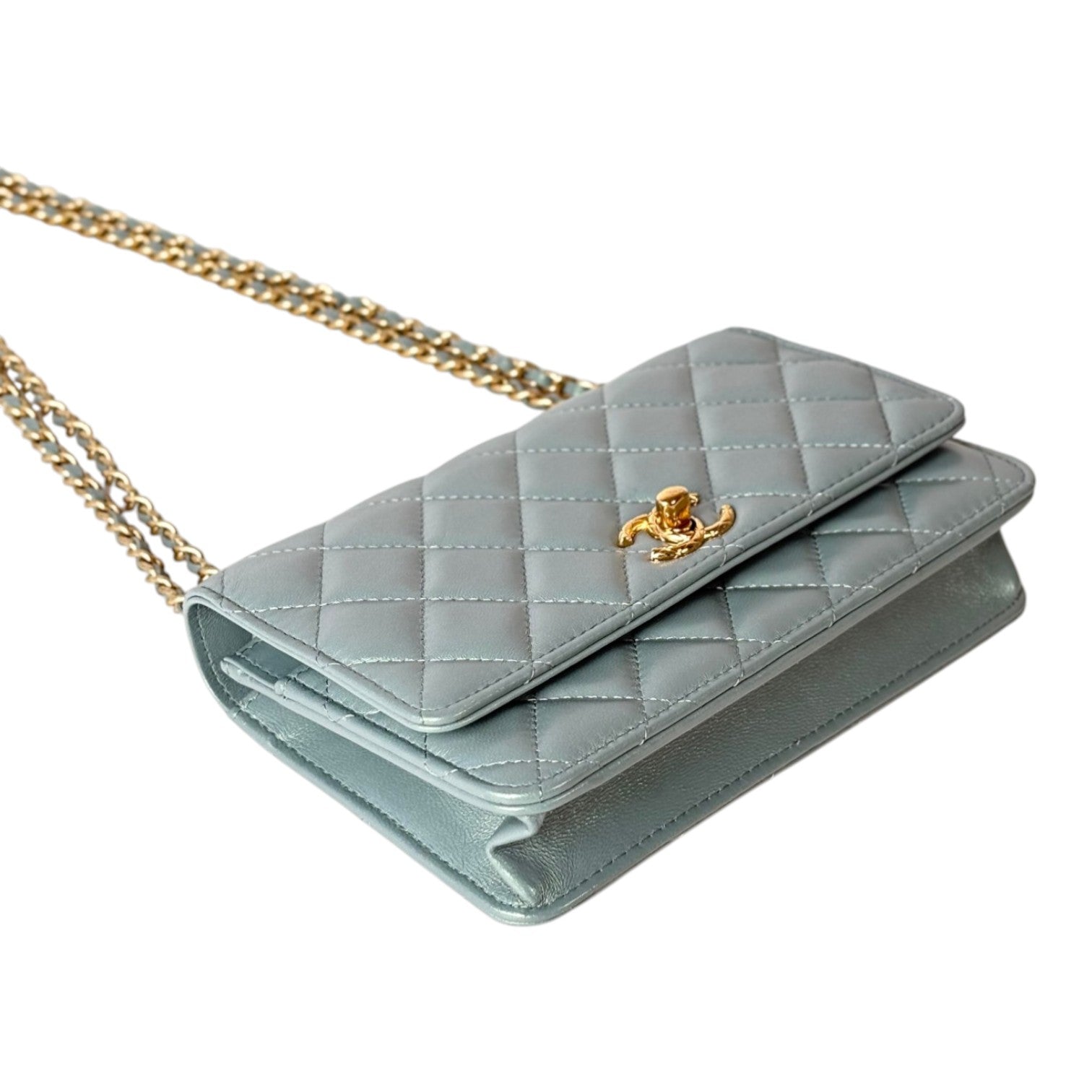 Chanel Pearl Light Green Quilted Leather Wallet on Chain