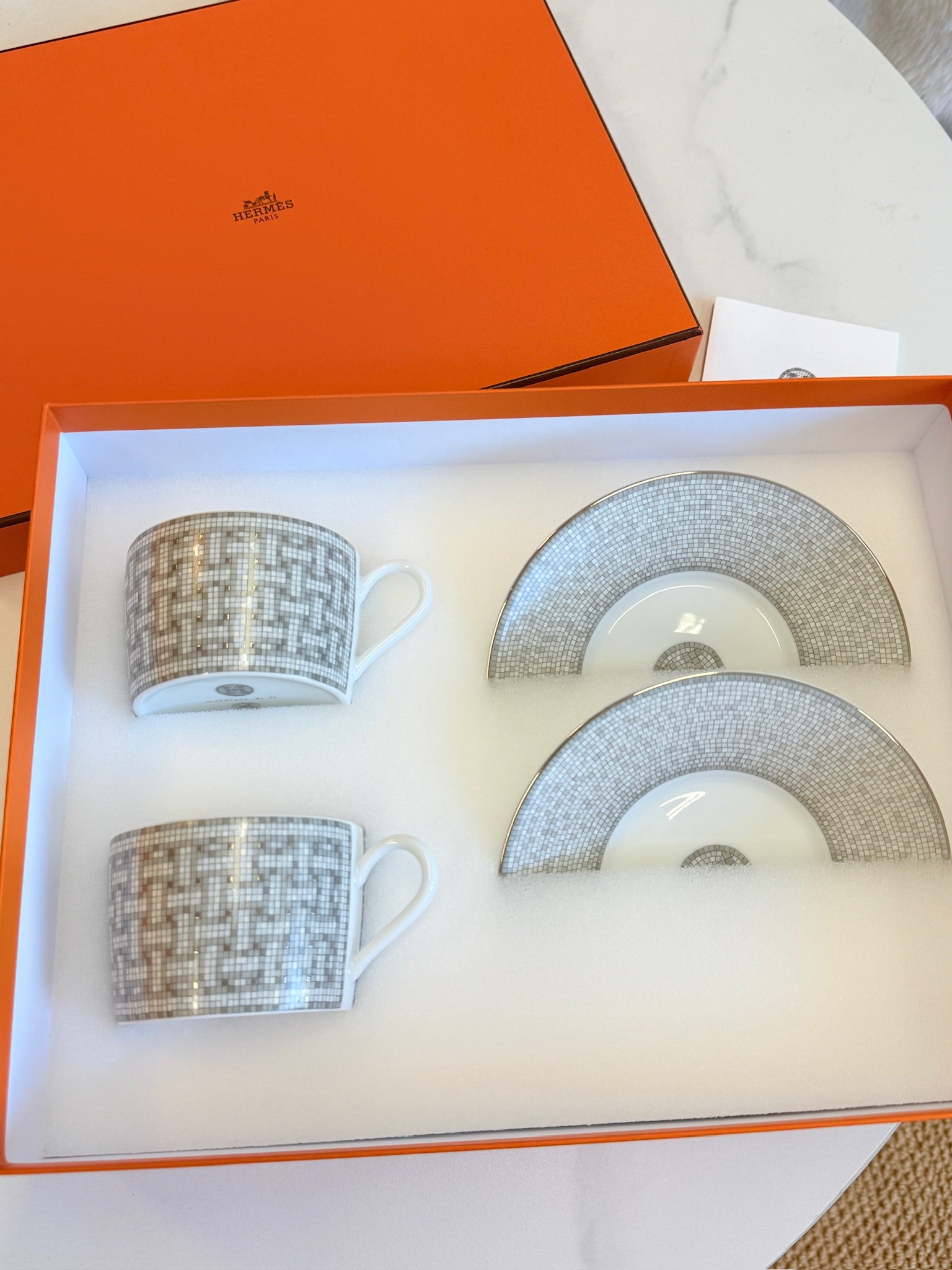 Hermès "Mosaique au 24 Platinum" Coffee Cup & Saucer Set