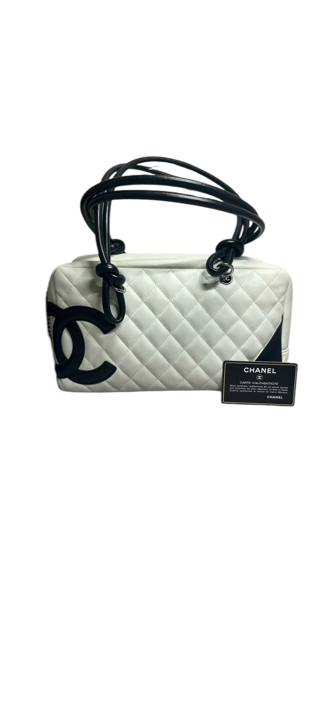 Chanel Vintage Cambon Bowler White / Black Logo Lambskin #9 #121304