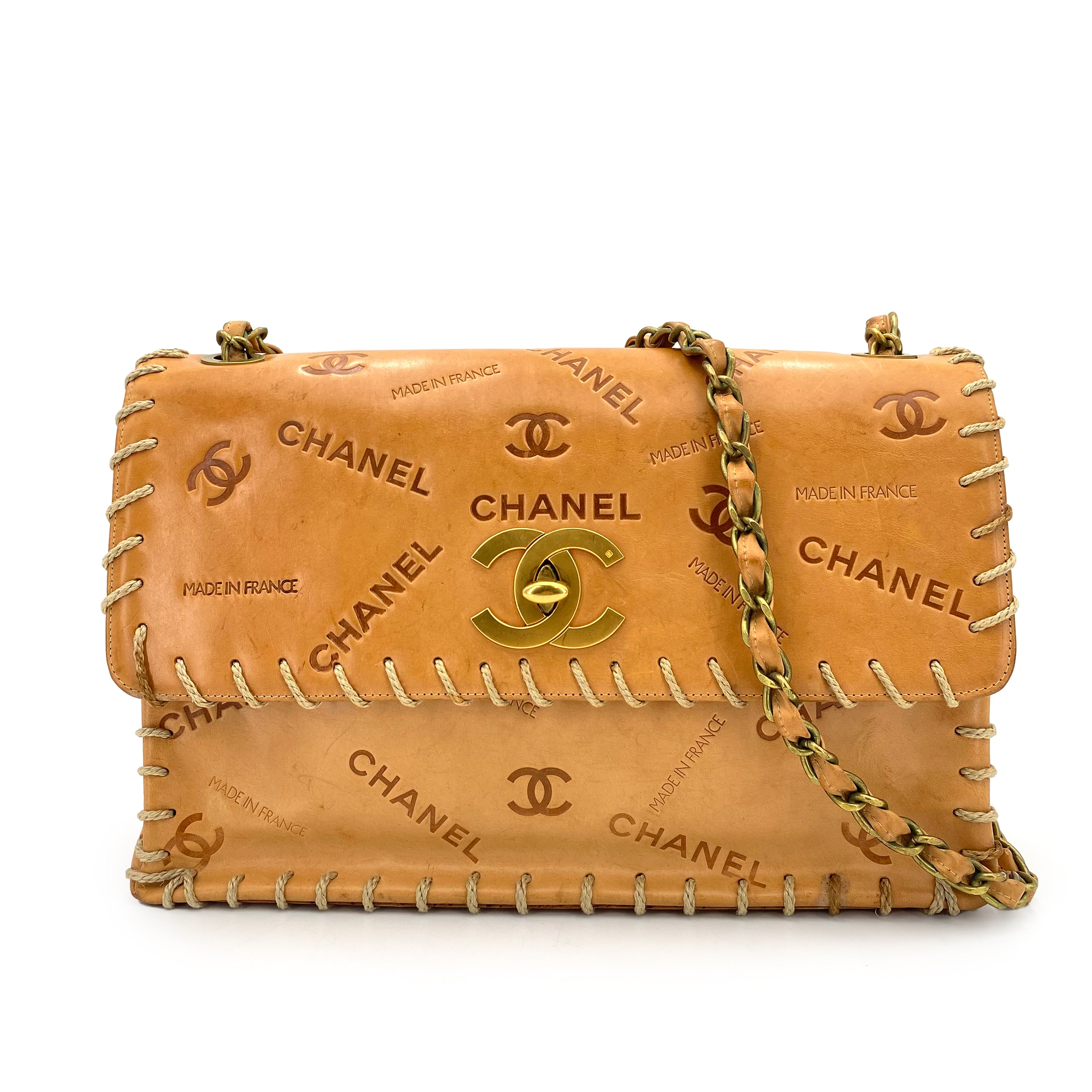 CHANEL VINTAGE MAXI 34 BIG COCO CHAIN SHOULDER BAG BEIGE LEATHER 90242143