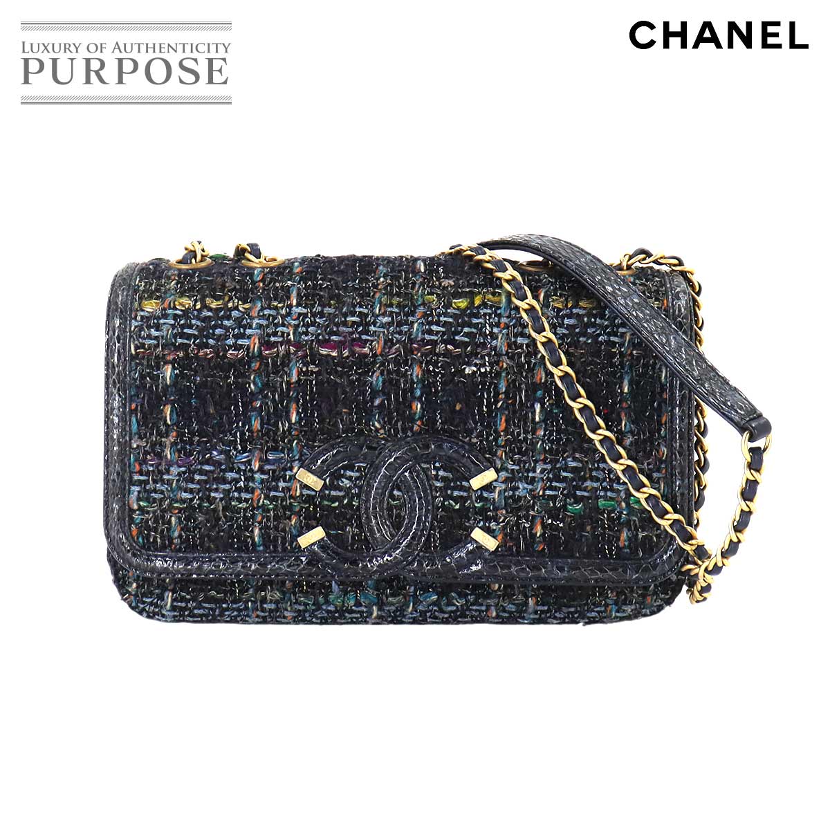 CHANEL CC Filigree Chain Shoulder Bag Tweed Leather Python Navy A93340 CC Filigree Bag CHANEL 90245288