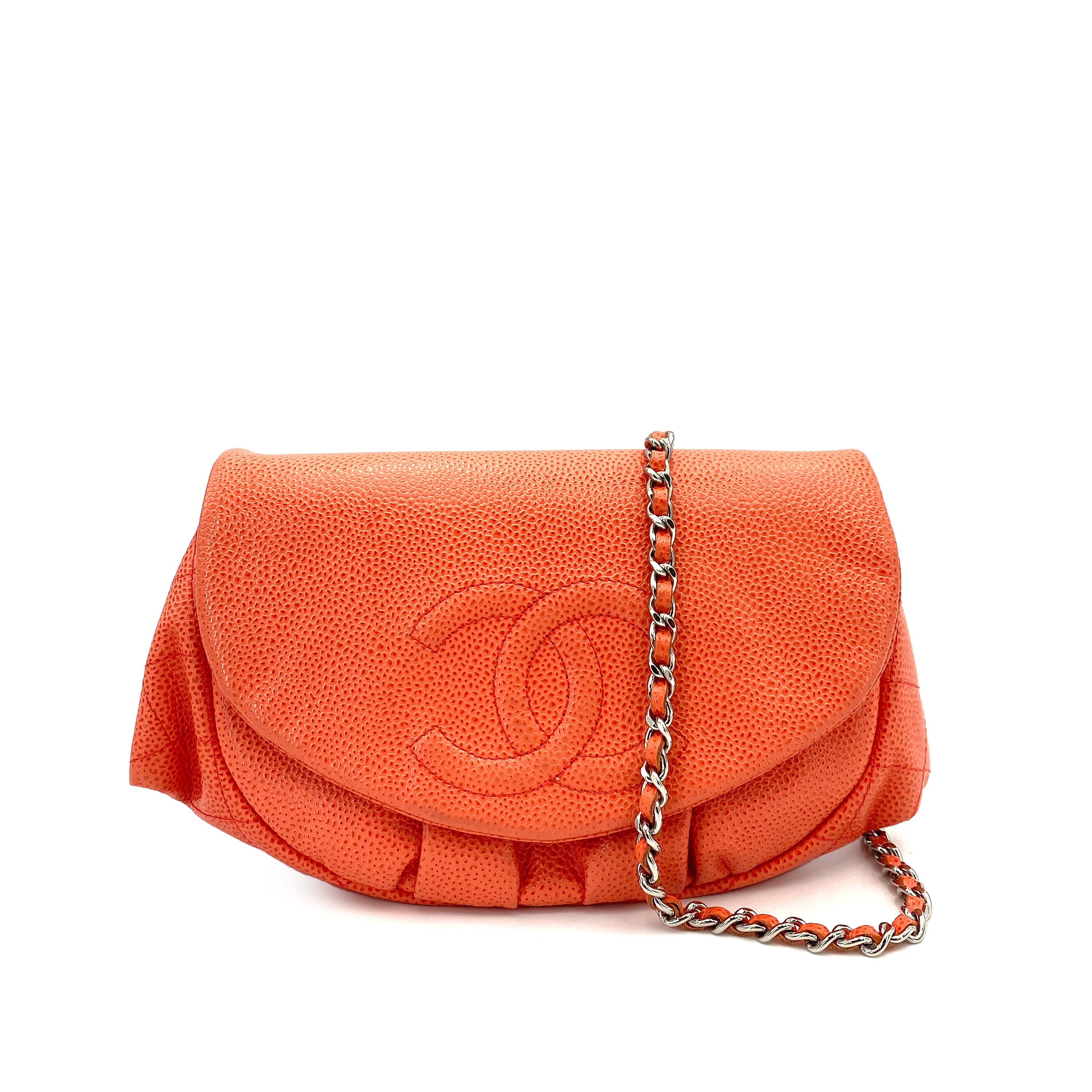 AUCTION  CHANEL VINTAGE CHAIN SHOULDER WALLET SALMON PINK CAVIAR SKIN 90245659