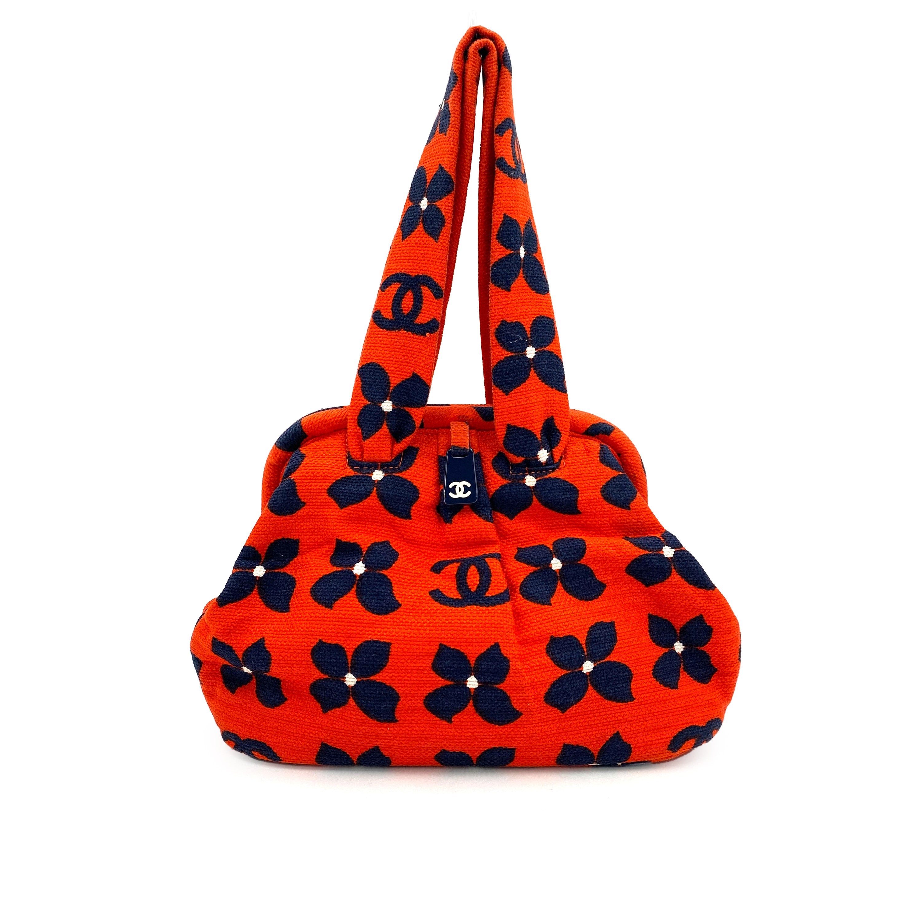 CHANEL VINTAGE FLOWER COCOMARK HAND BAG RED NAVY CANVAS 90245786