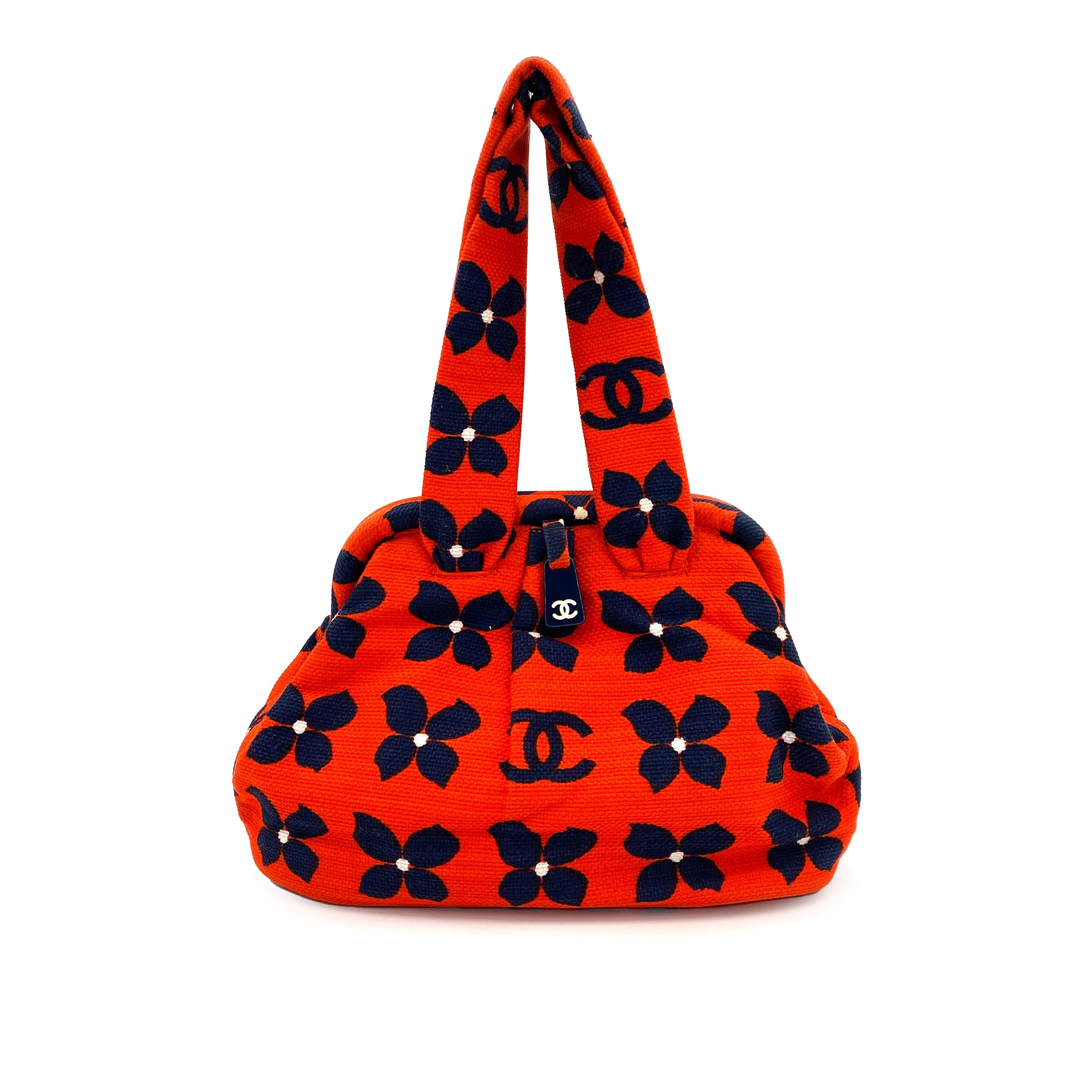 CHANEL VINTAGE FLOWER COCOMARK HAND BAG RED NAVY CANVAS 90245786