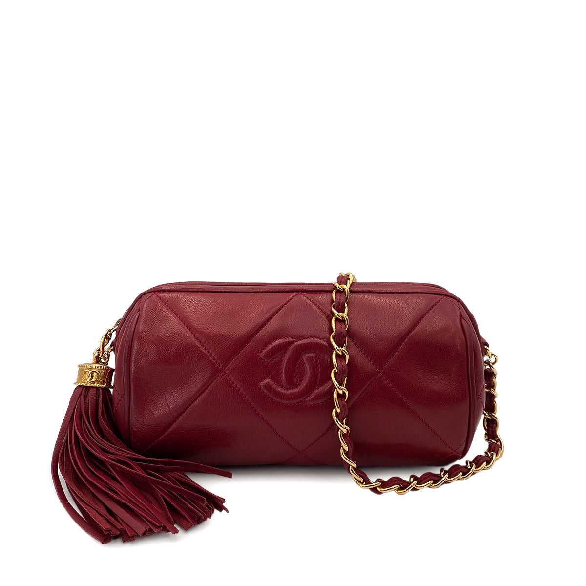 CHANEL VINTAGE FRINGE CHAIN SHOULDER BAG RED LAMB SKIN 90247183