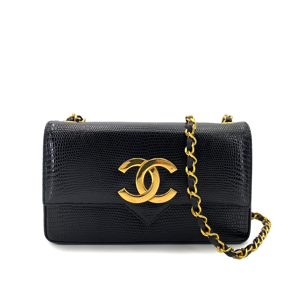 CHANEL VINTAGE BIG COCO CHAIN SHOULDER BAG BLACK LIZARD 90248130