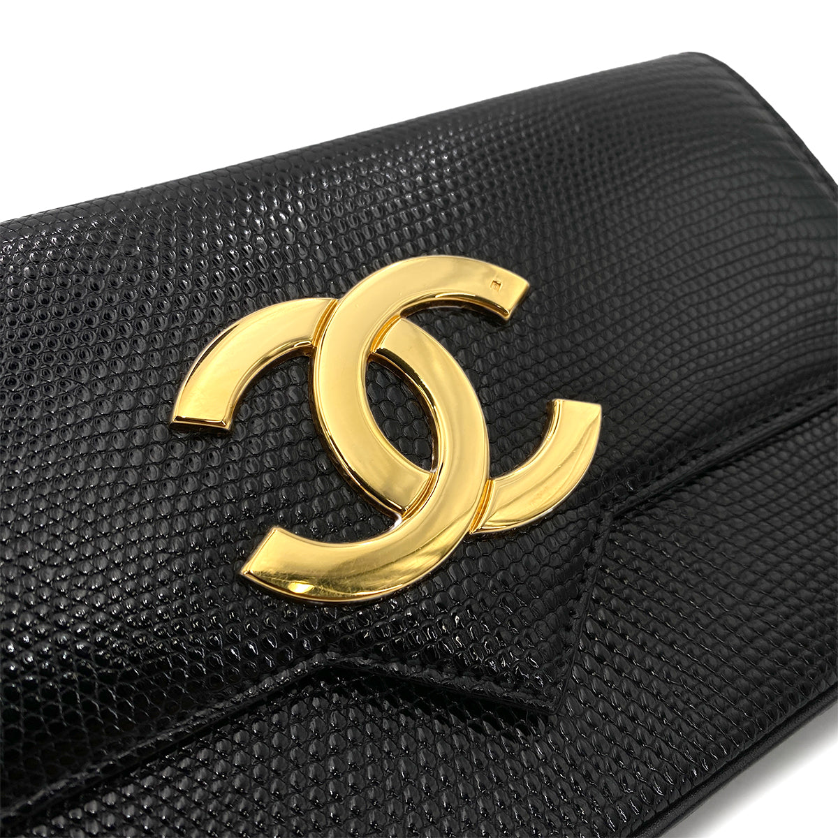 CHANEL VINTAGE BIG COCO CHAIN SHOULDER BAG BLACK LIZARD 90248130