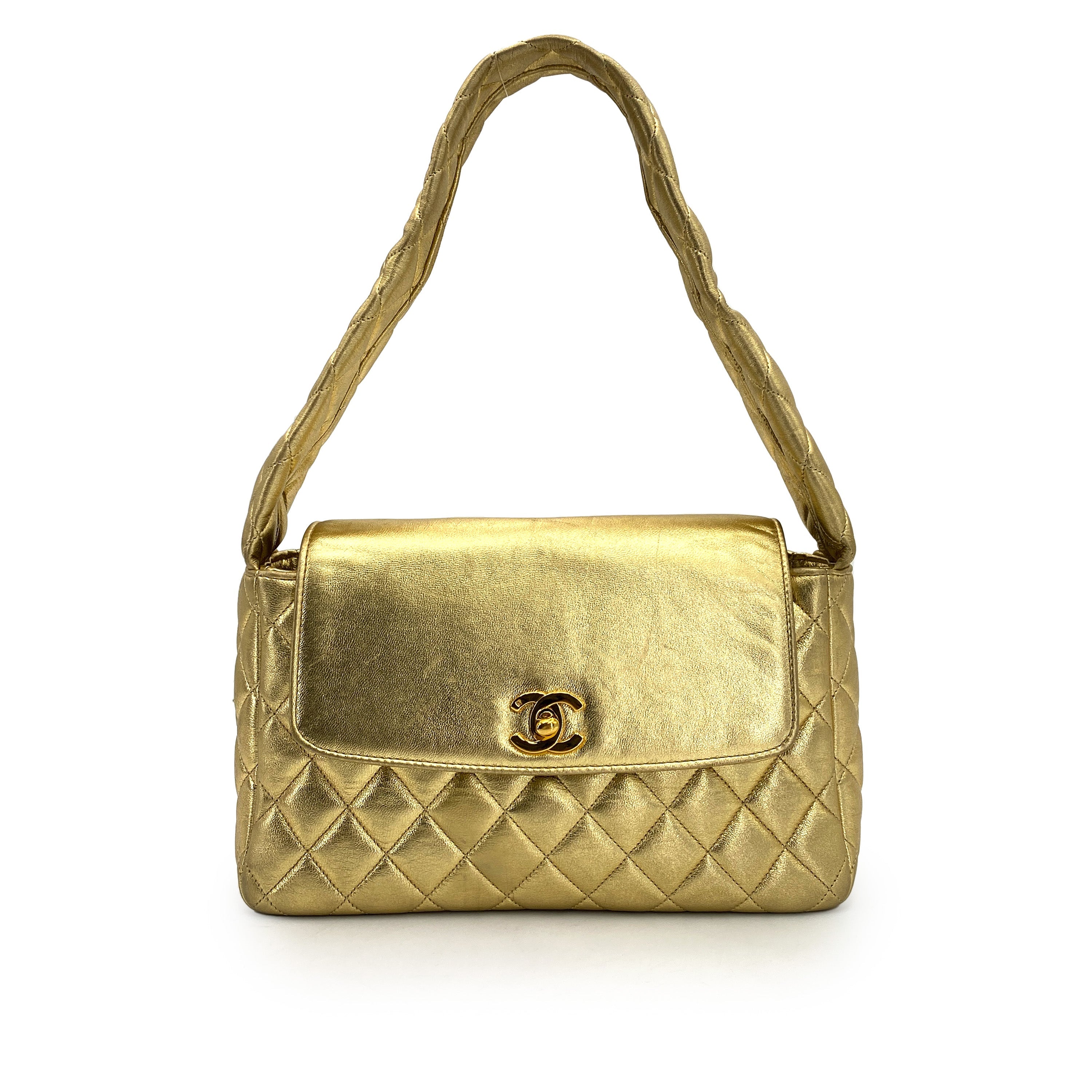 CHANEL VINTAGE MATELASSE ONE SHOULDER BAG GOLD LAMB SKIN 90248827