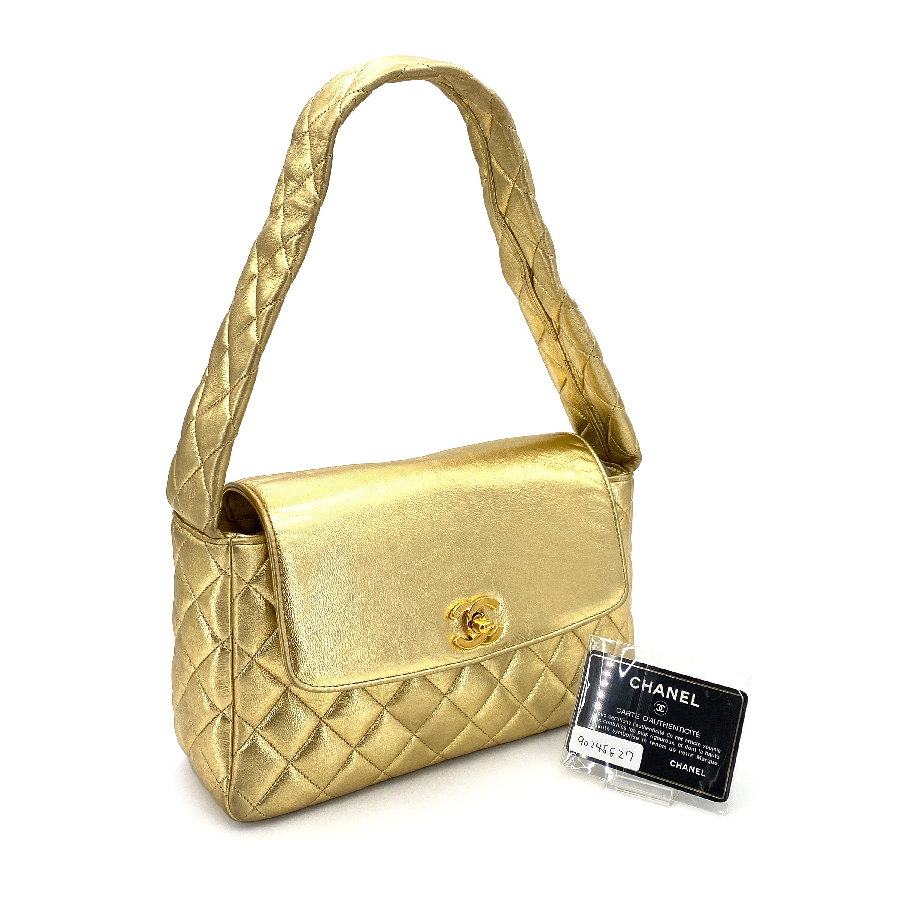 CHANEL VINTAGE MATELASSE ONE SHOULDER BAG GOLD LAMB SKIN 90248827