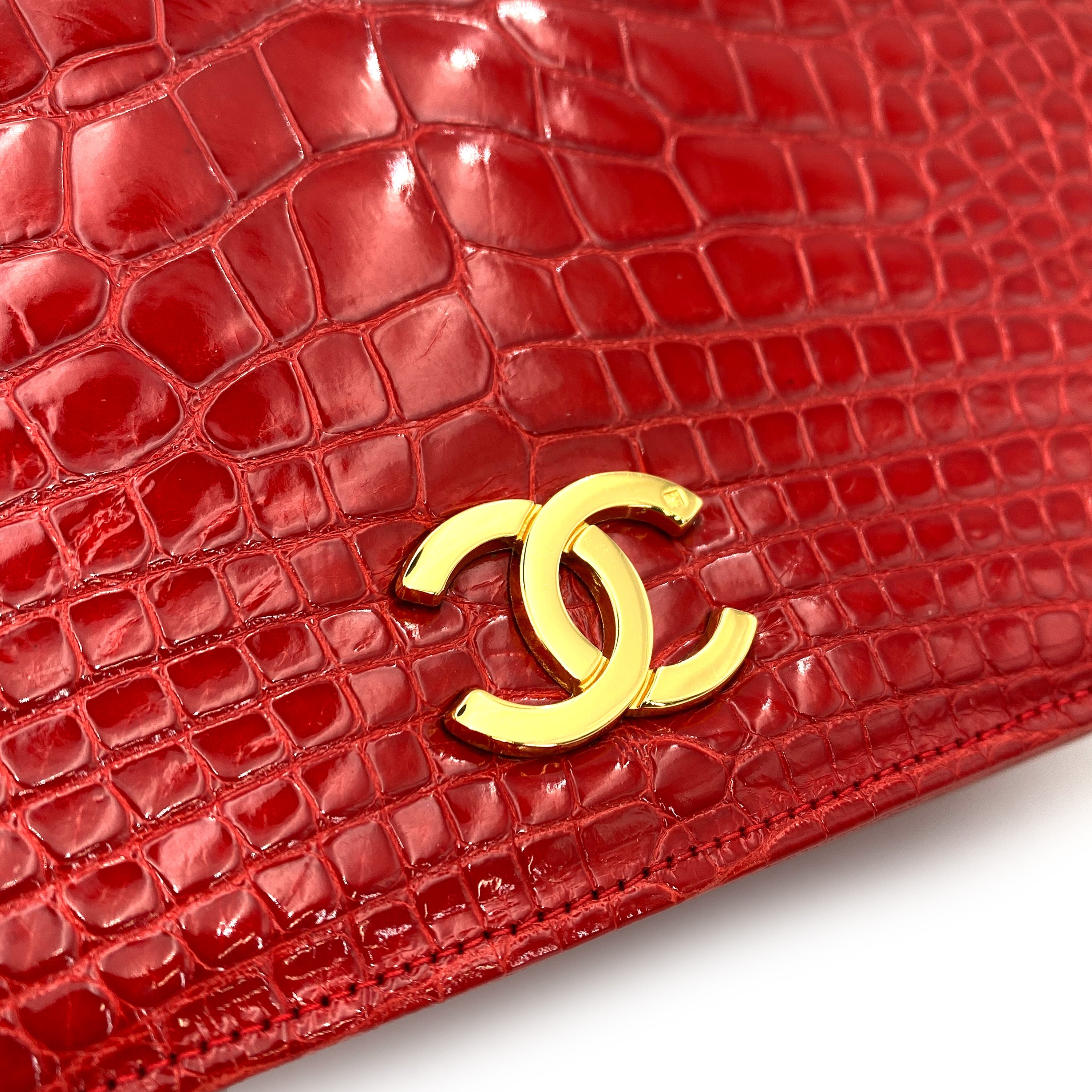 CHANEL VINTAGE FULL FLAP CHAIN SHOULDER BAG PUSH LOCK RED CROCODILE 90249034