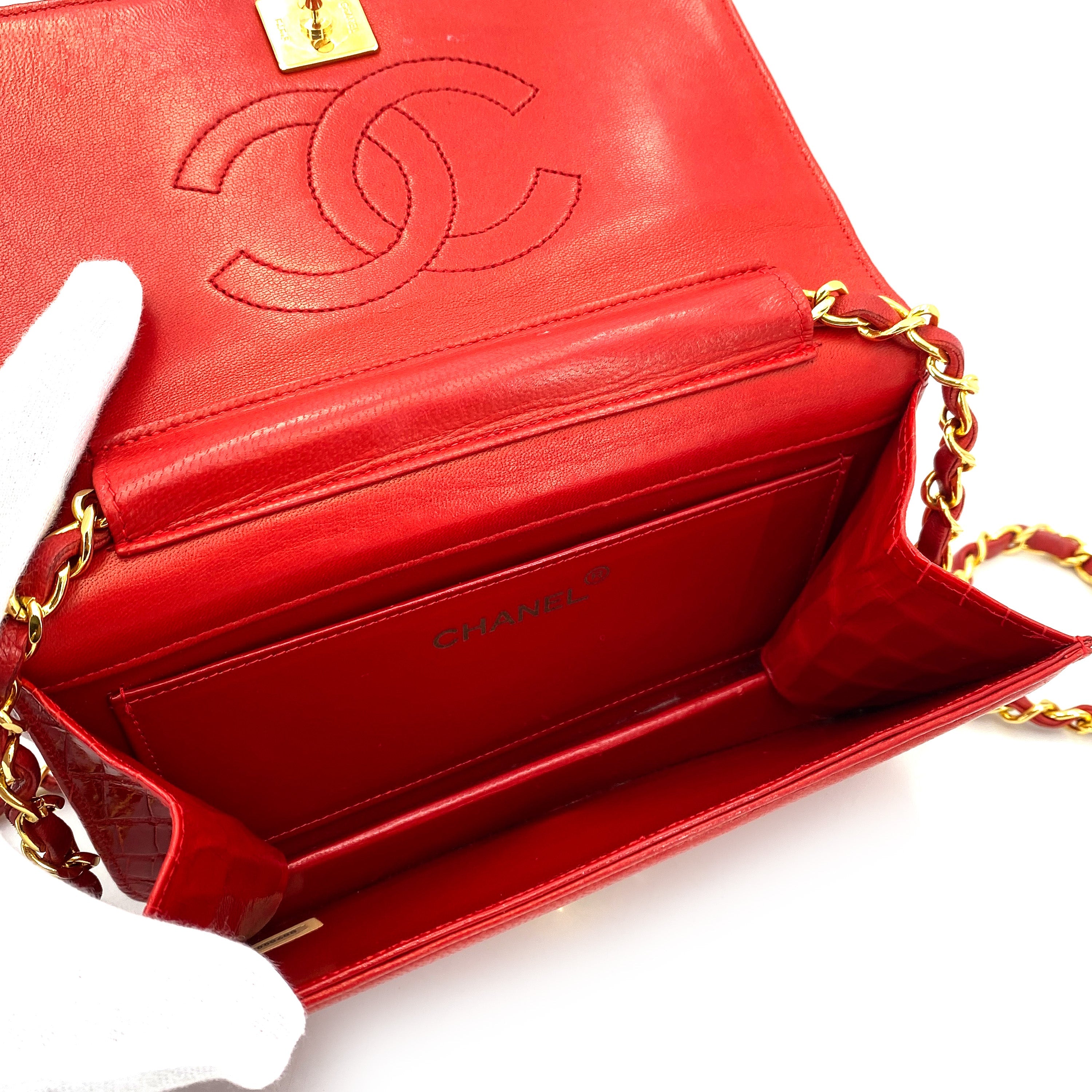 CHANEL VINTAGE FULL FLAP CHAIN SHOULDER BAG PUSH LOCK RED CROCODILE 90249034