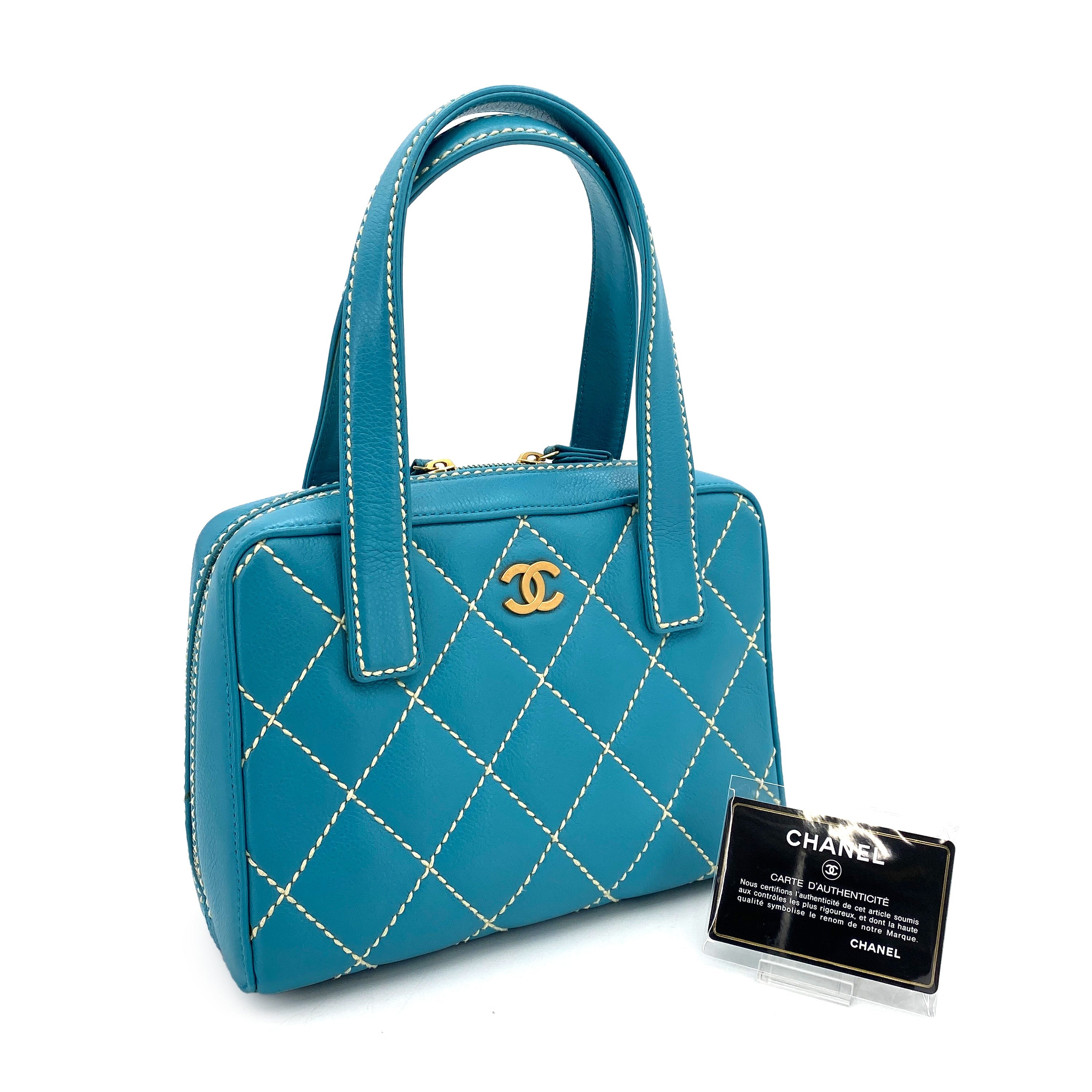 CHANEL VINTAGE WILD STITCH HAND BAG BLUE LAMB SKIN 90249039