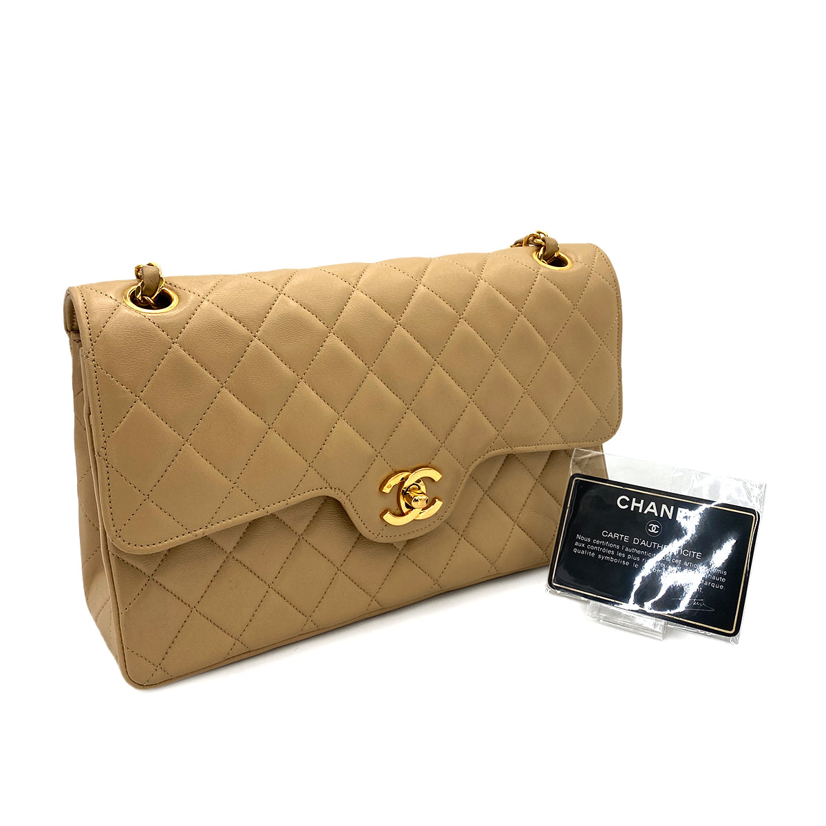 CHANEL VINTAGE MATELASSE CHAIN SHOULDER BAG BEIGE LAMB SKIN 90249809