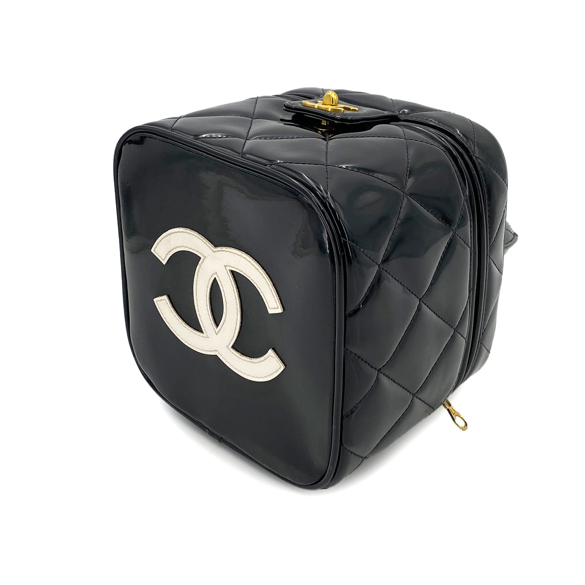 CHANEL VINTAGE VANITY HEART MIRROR HAND BAG BLACK ENAMEL 90249831