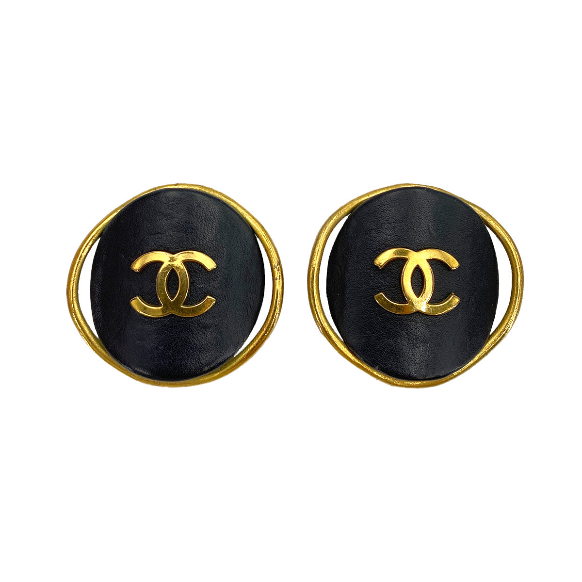 CHANEL VINTAGE EARRINGS ROUND COCOMARK GOLD BLACK ACCESSORY 93A 90250303