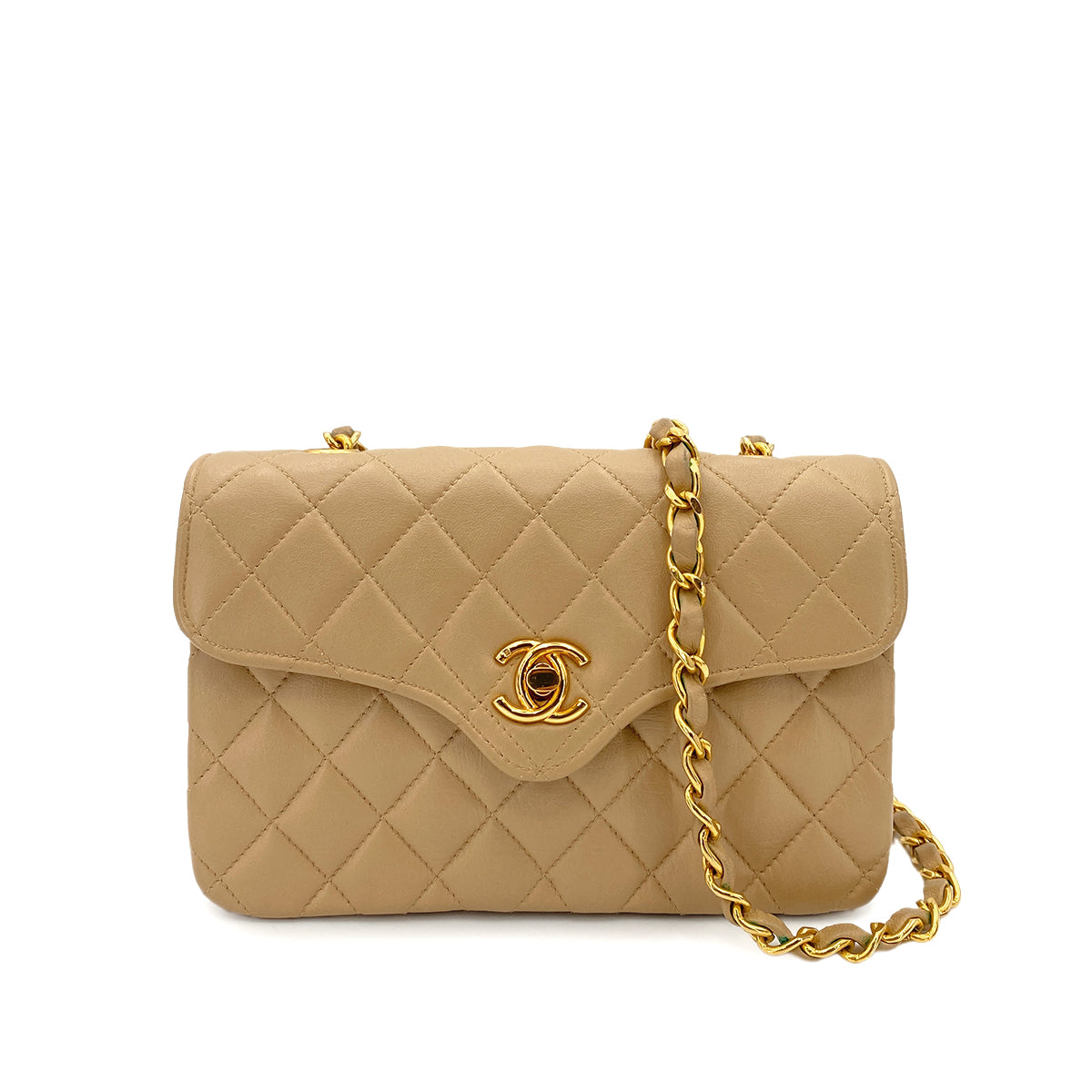 CHANEL VINTAGE MATELASSE CHAIN SHOULDER BAG BEIGE LAMB SKIN 90250721