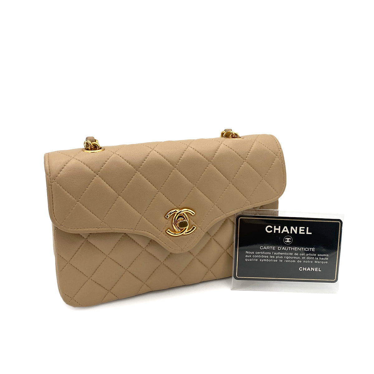 CHANEL VINTAGE MATELASSE CHAIN SHOULDER BAG BEIGE LAMB SKIN 90250721