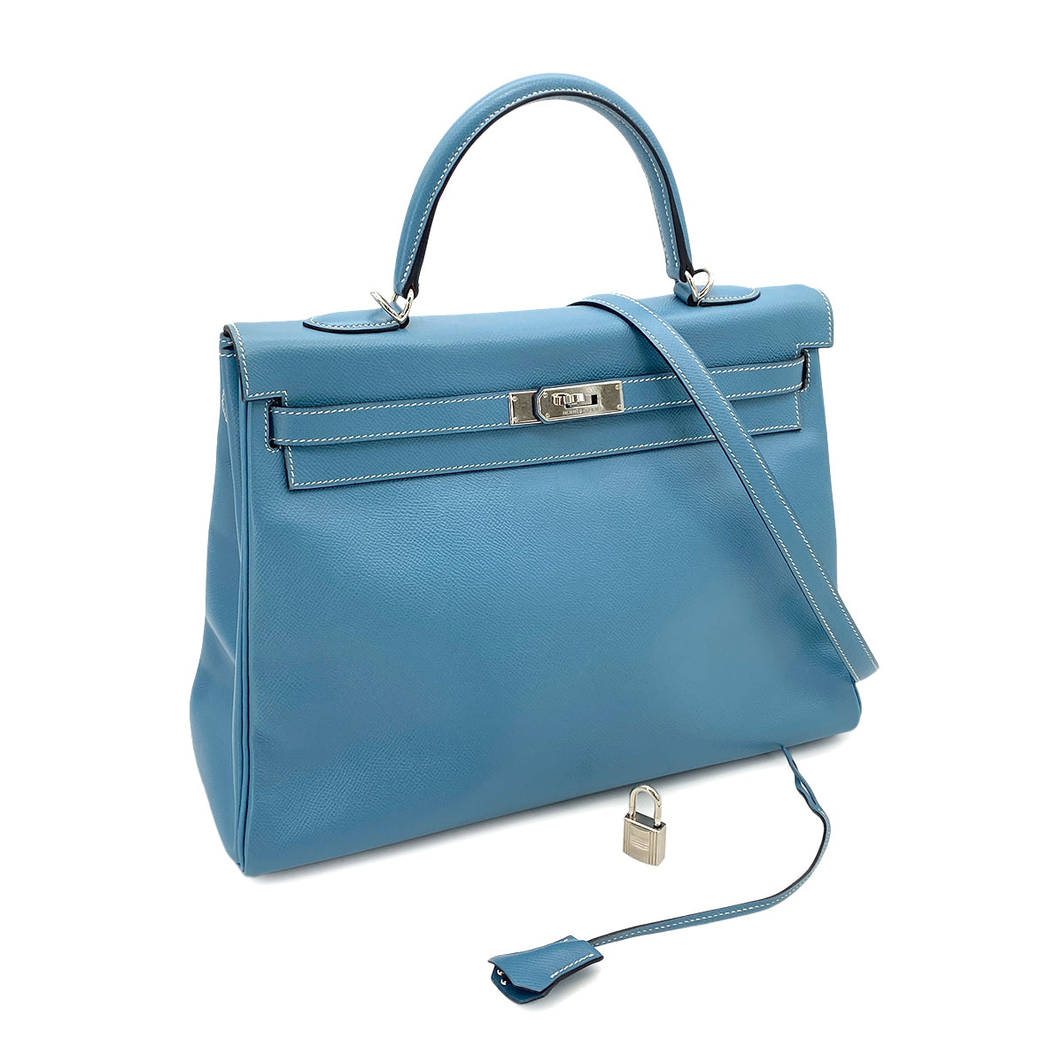 HERMES VINTAGE KELLY 35 RETOURNE BLUE JEAN COUCHEVEL PHW #D 90251105