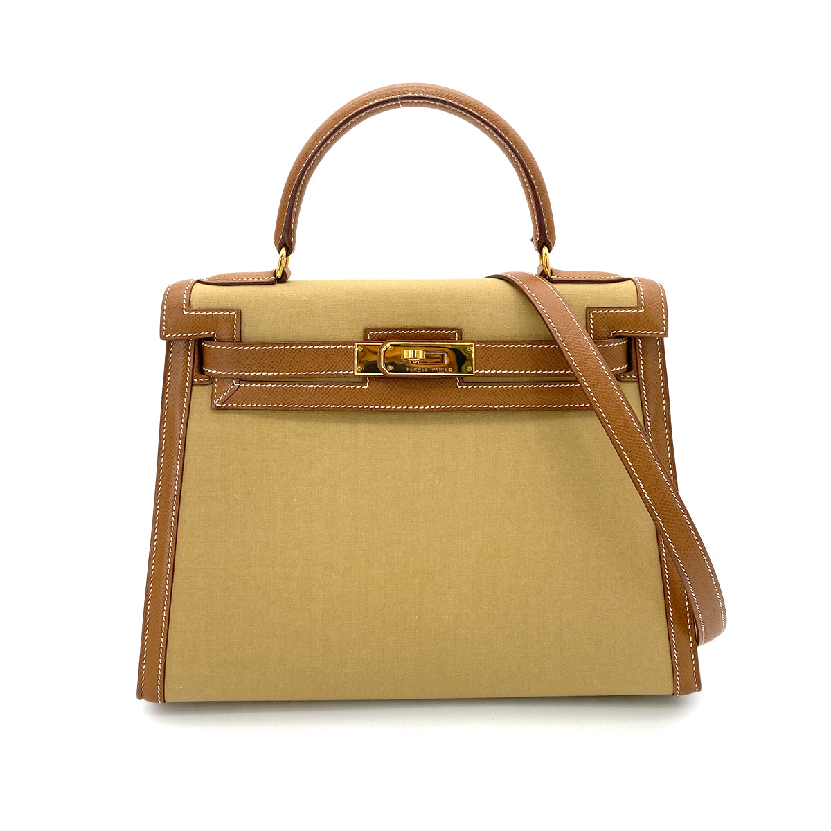 Hermes Vintage Kelly 28 Sellier Gold Courchevel Toile GHW #Y 90252001