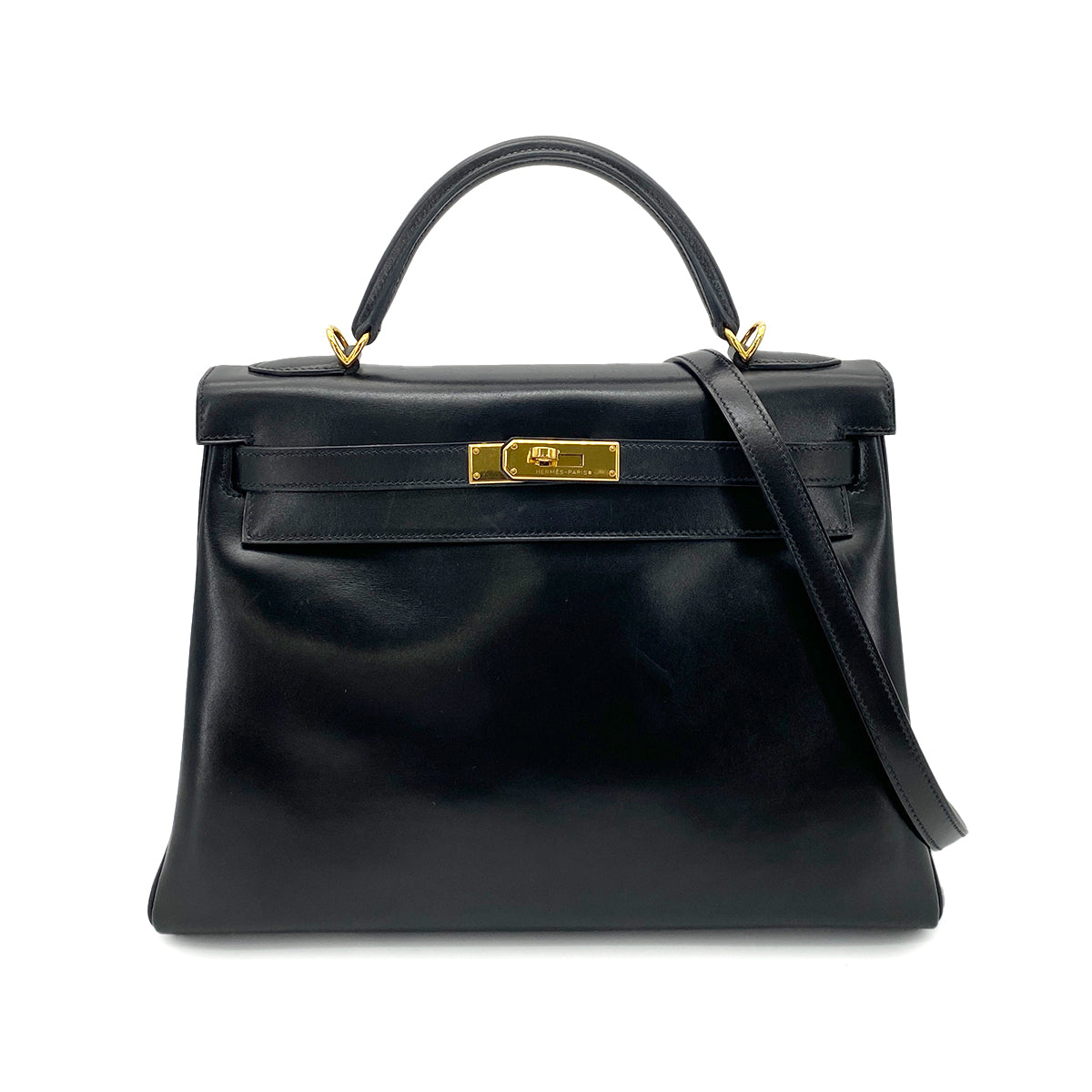 HERMES KELLY 32 RETOURNE BLACK BOXCALF HAND SHOULDER BAG □L GHW 90255379