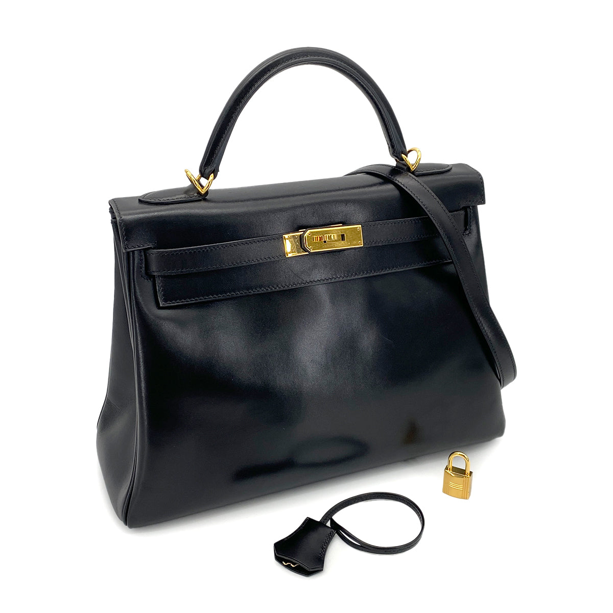 HERMES KELLY 32 RETOURNE BLACK BOXCALF HAND SHOULDER BAG □L GHW 90255379