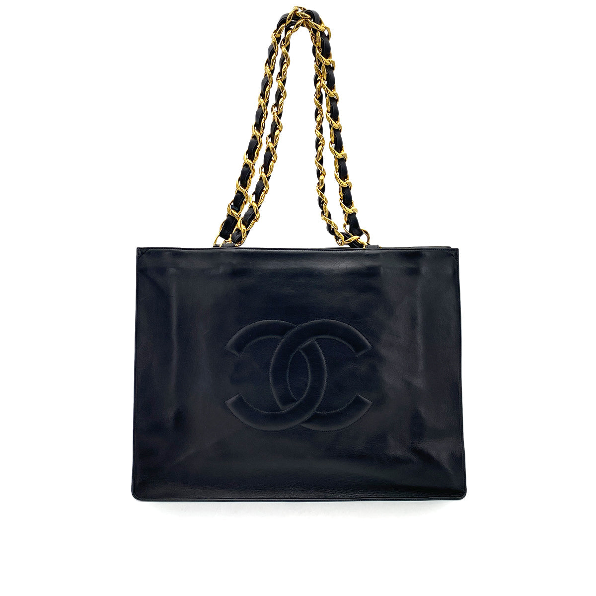 CHANEL VINTAGE BIG COCO CHAIN TOTE BAG BLACK LAMB SKIN 90255712