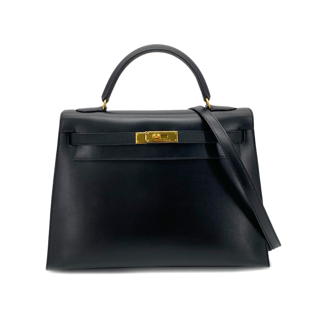 HERMES KELLY 32 SELLIER BLACK BOX CALF HAND SHOULDER BAG 〇Z 90255719