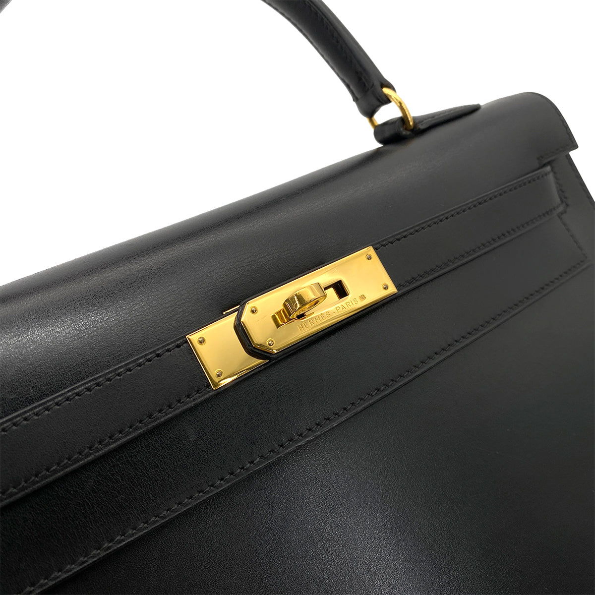 HERMES KELLY 32 SELLIER BLACK BOX CALF HAND SHOULDER BAG 〇Z 90255719