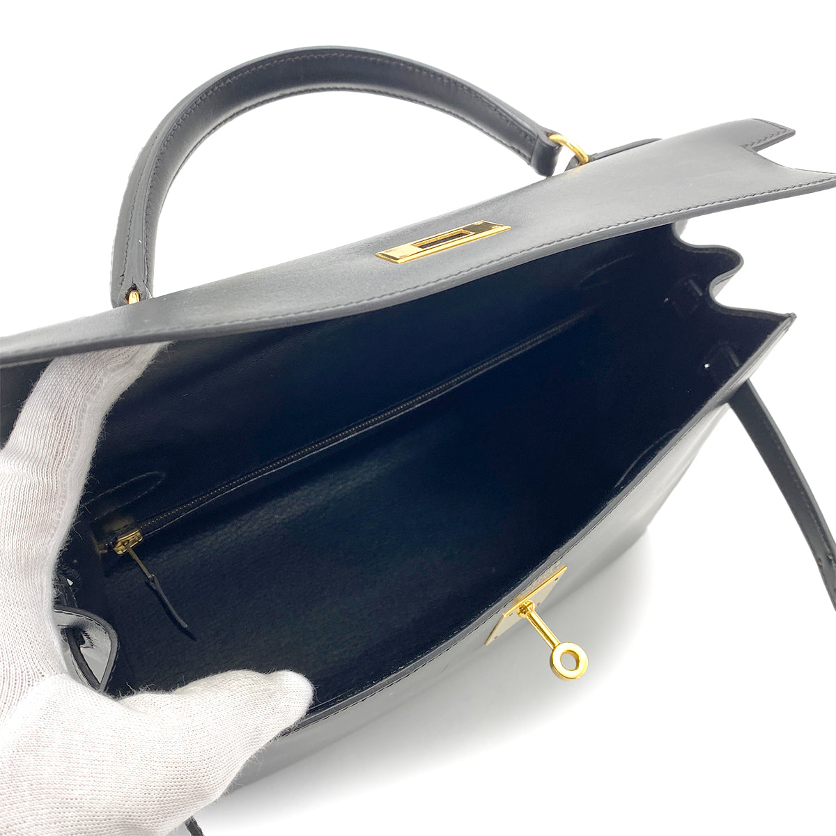 HERMES KELLY 32 SELLIER BLACK BOX CALF HAND SHOULDER BAG 〇Z 90255719