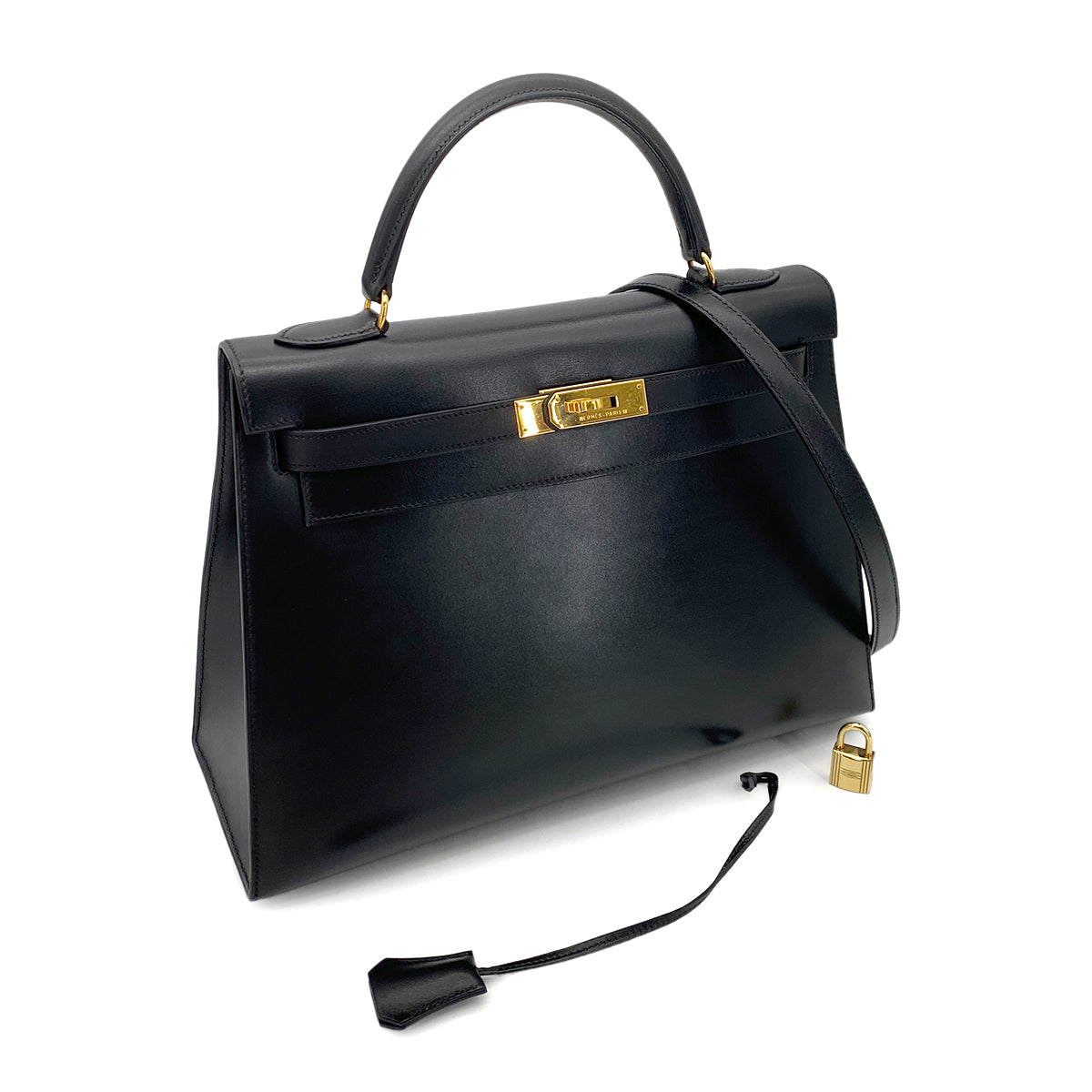 HERMES KELLY 32 SELLIER BLACK BOX CALF HAND SHOULDER BAG 〇Z 90255719