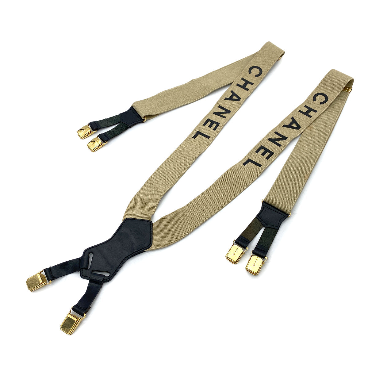 CHANEL VINTAGE SUSPENDER LOGO BEIGE BLACK CANVAS LEATHER 90256935