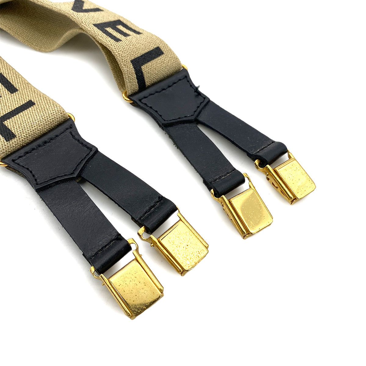 CHANEL VINTAGE SUSPENDER LOGO BEIGE BLACK CANVAS LEATHER 90256935