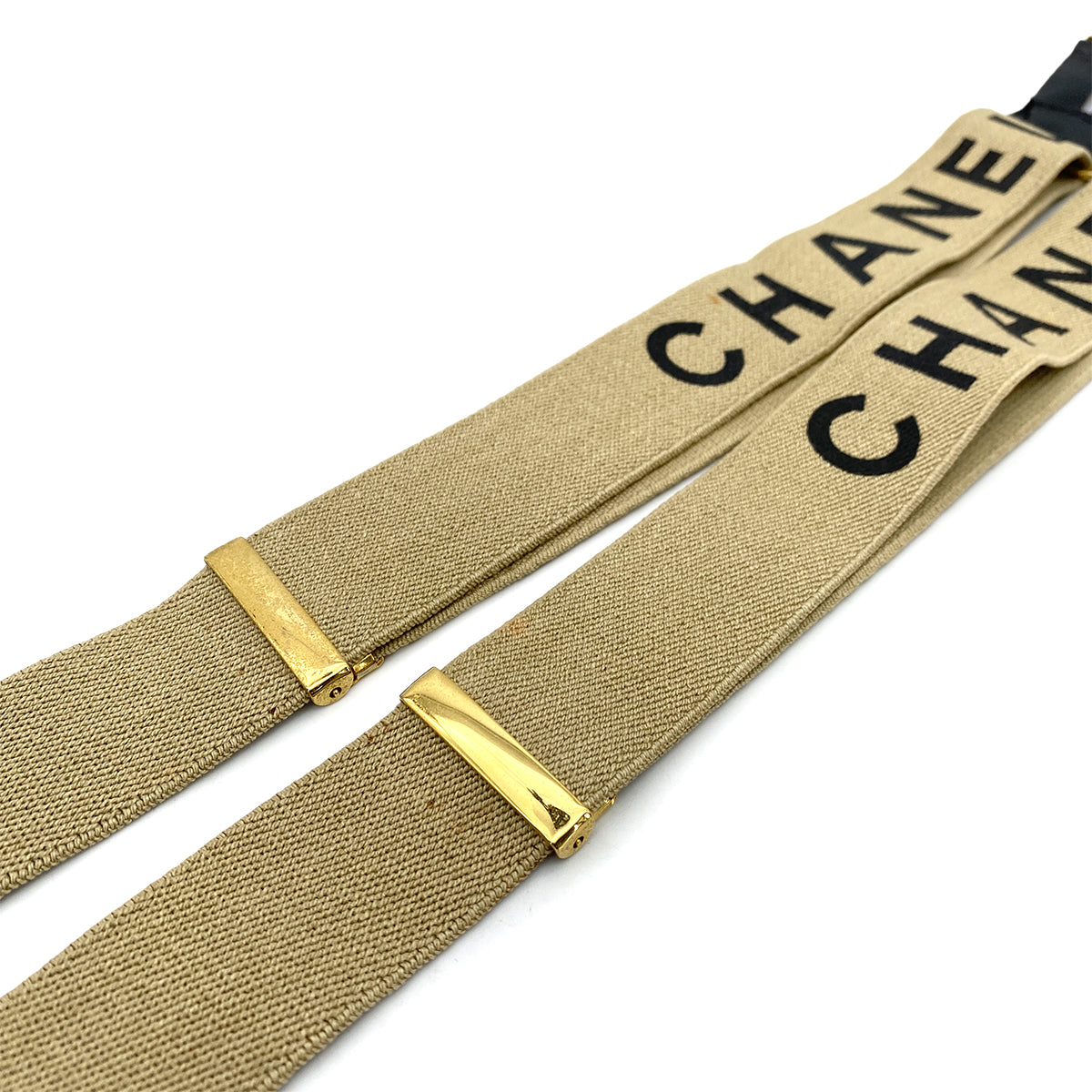 CHANEL VINTAGE SUSPENDER LOGO BEIGE BLACK CANVAS LEATHER 90256935