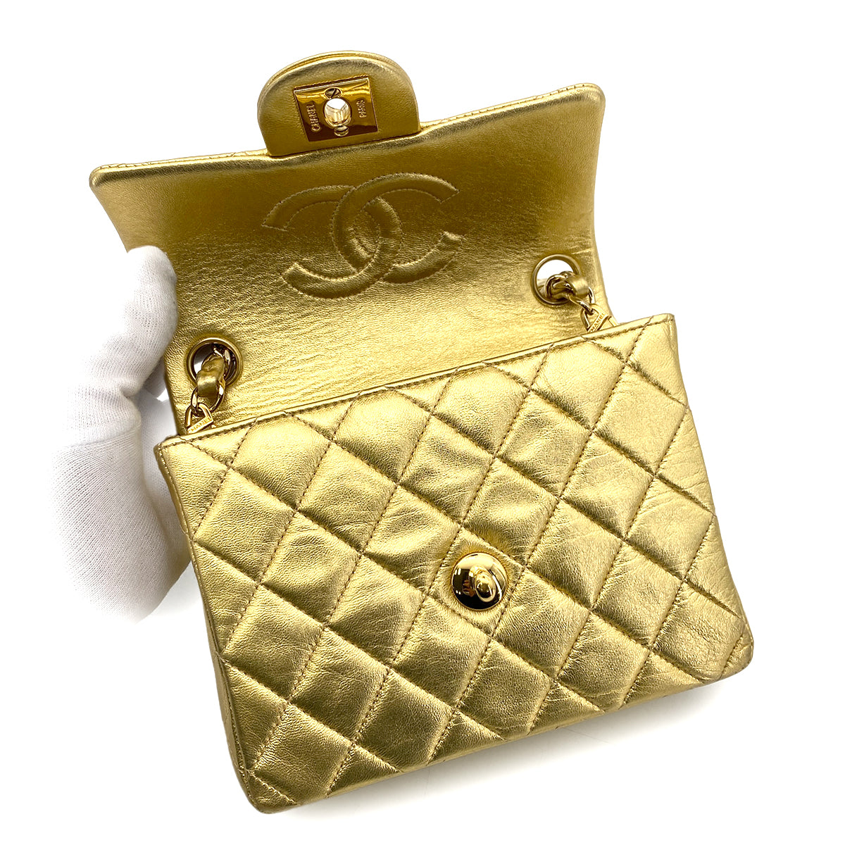 CHANEL VINTAGE MINI SQUARE 17 CHAIN SHOULDER BAG GOLD LAMB SKIN 90257297