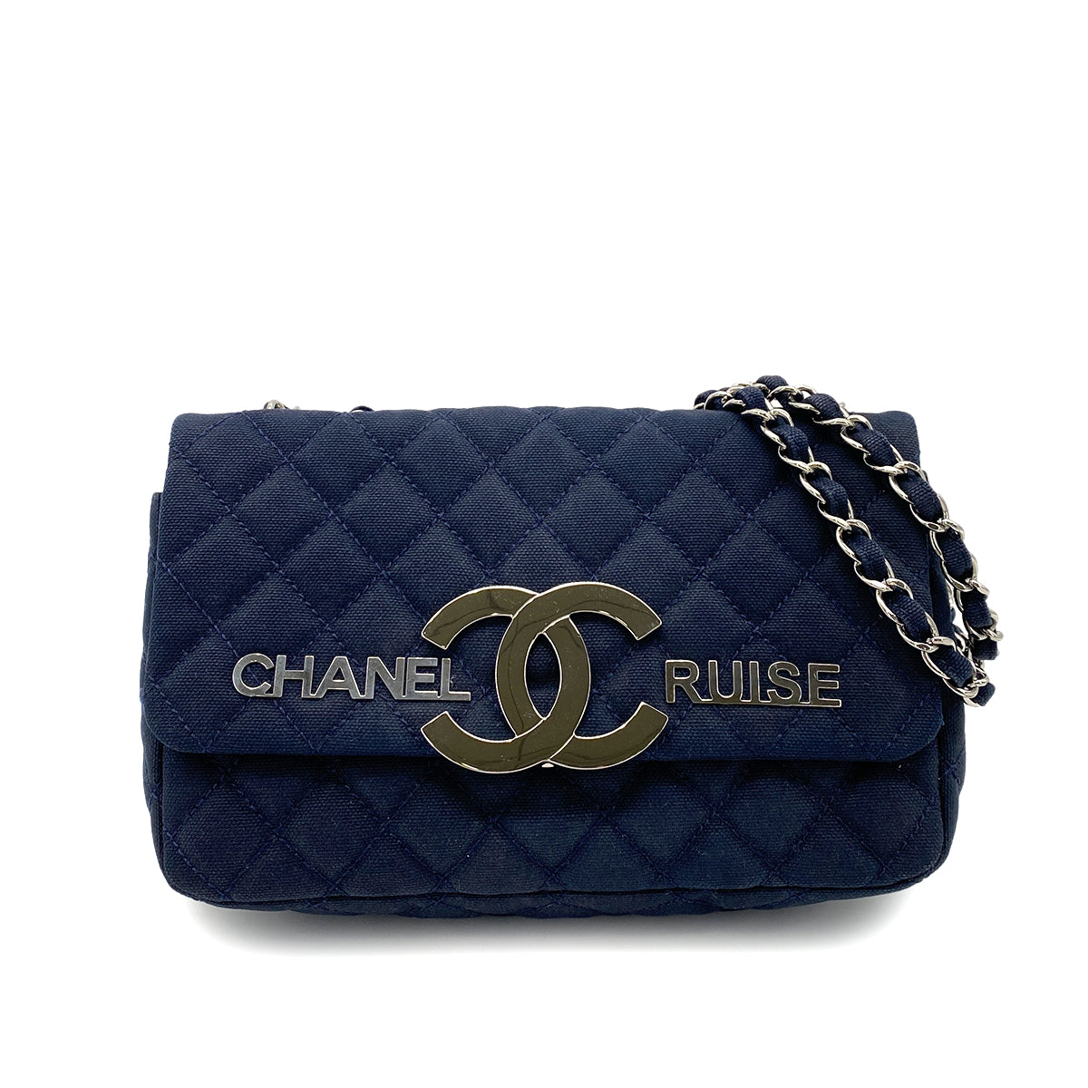 CHANEL VINTAGE CRUISELINE CHAIN SHOULDER BAG NAVY CANVAS 90257309