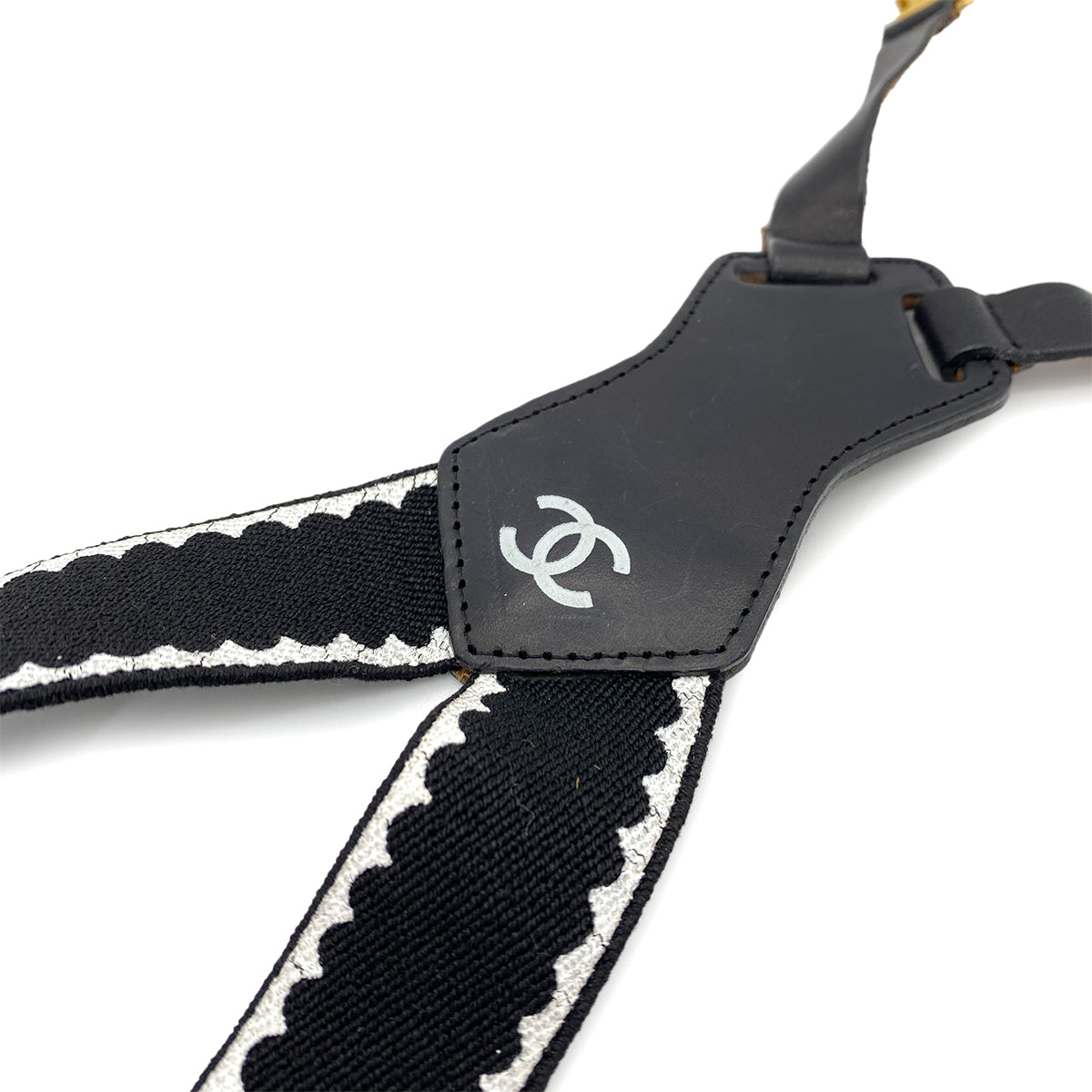 CHANEL VINTAGE SUSPENDER LOGO WHITE BLACK CANVAS LEATHER 90257320